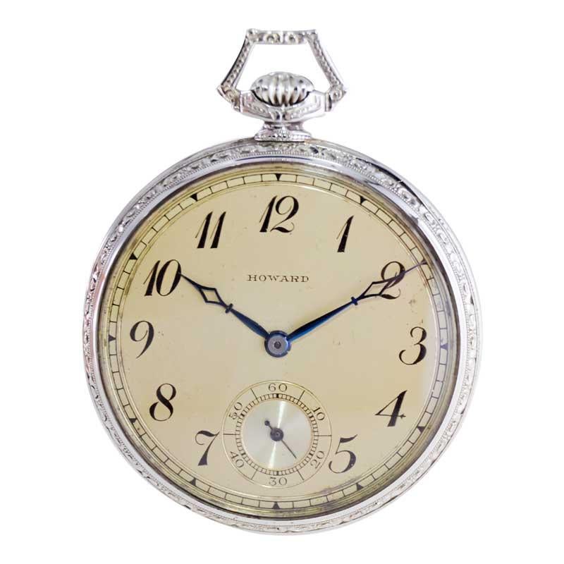 Howard 14 Karat Solid White Gold Opened Faced Pocket Watch, circa 1920s In Excellent Condition For Sale In Long Beach, CA