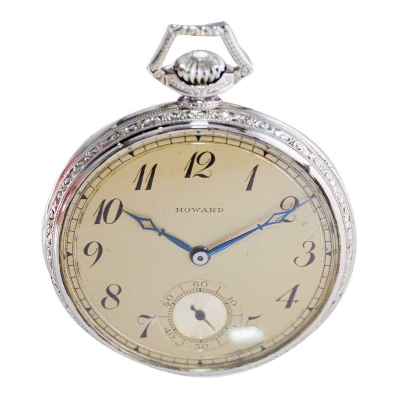 Women's or Men's Howard 14 Karat Solid White Gold Opened Faced Pocket Watch, circa 1920s For Sale
