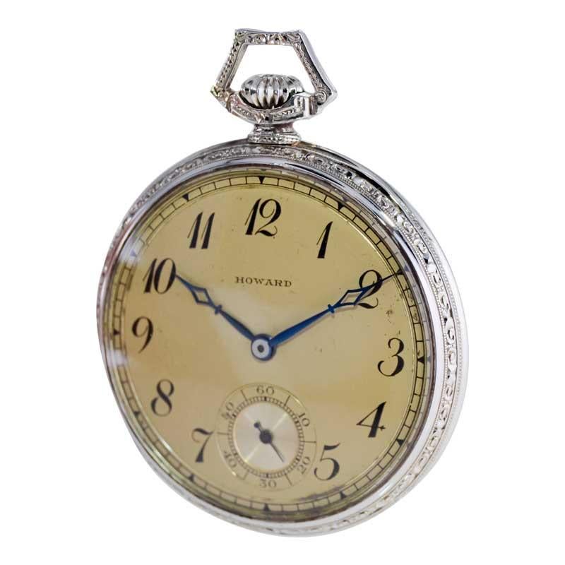 Howard 14 Karat Solid White Gold Opened Faced Pocket Watch, circa 1920s For Sale 1