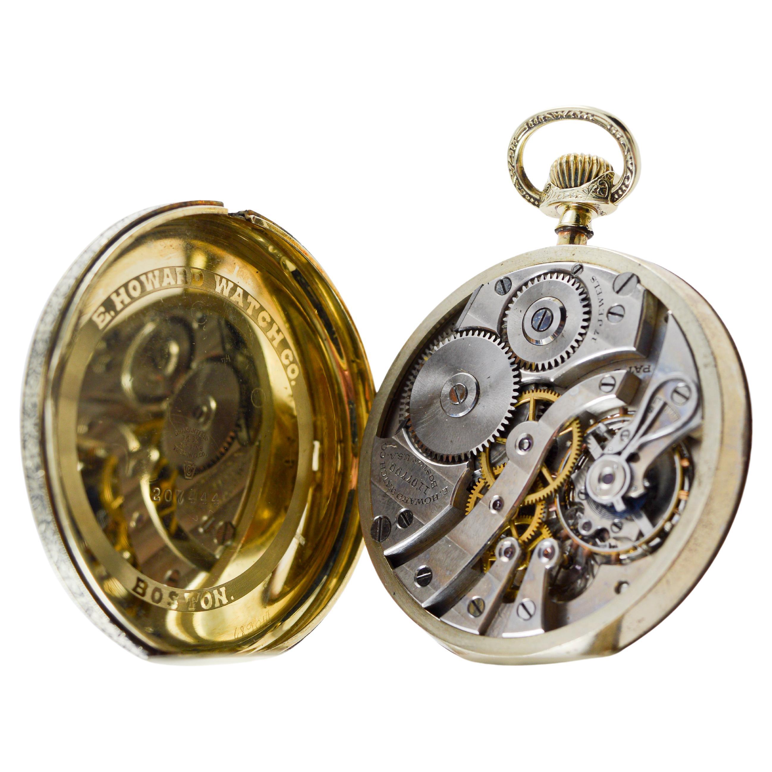 Howard 14Kt Solid Gold Open Faced Pocket Watch 1925 Flawless Enamel Dial en vente 7
