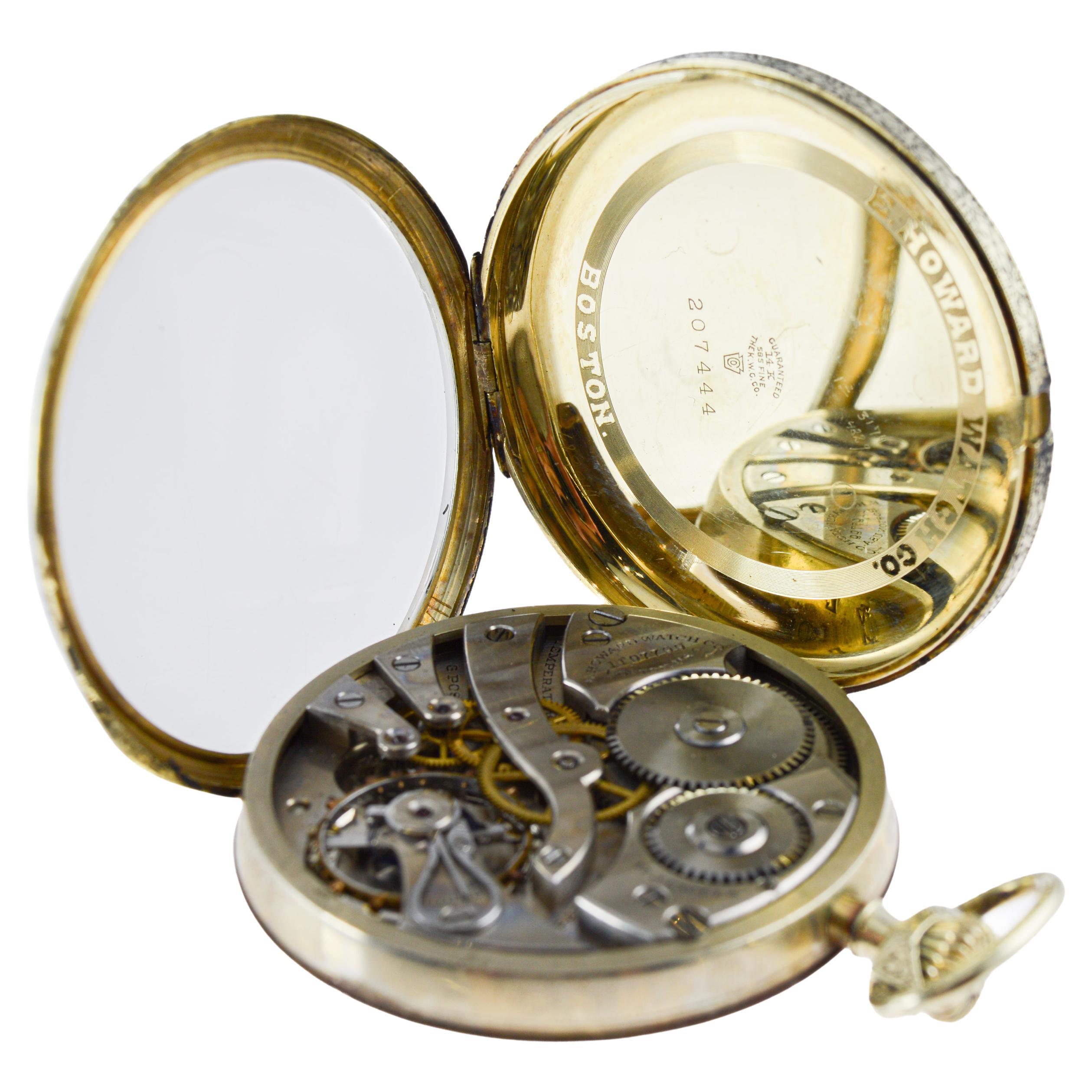 Howard 14Kt Solid Gold Open Faced Pocket Watch 1925 Flawless Enamel Dial en vente 9