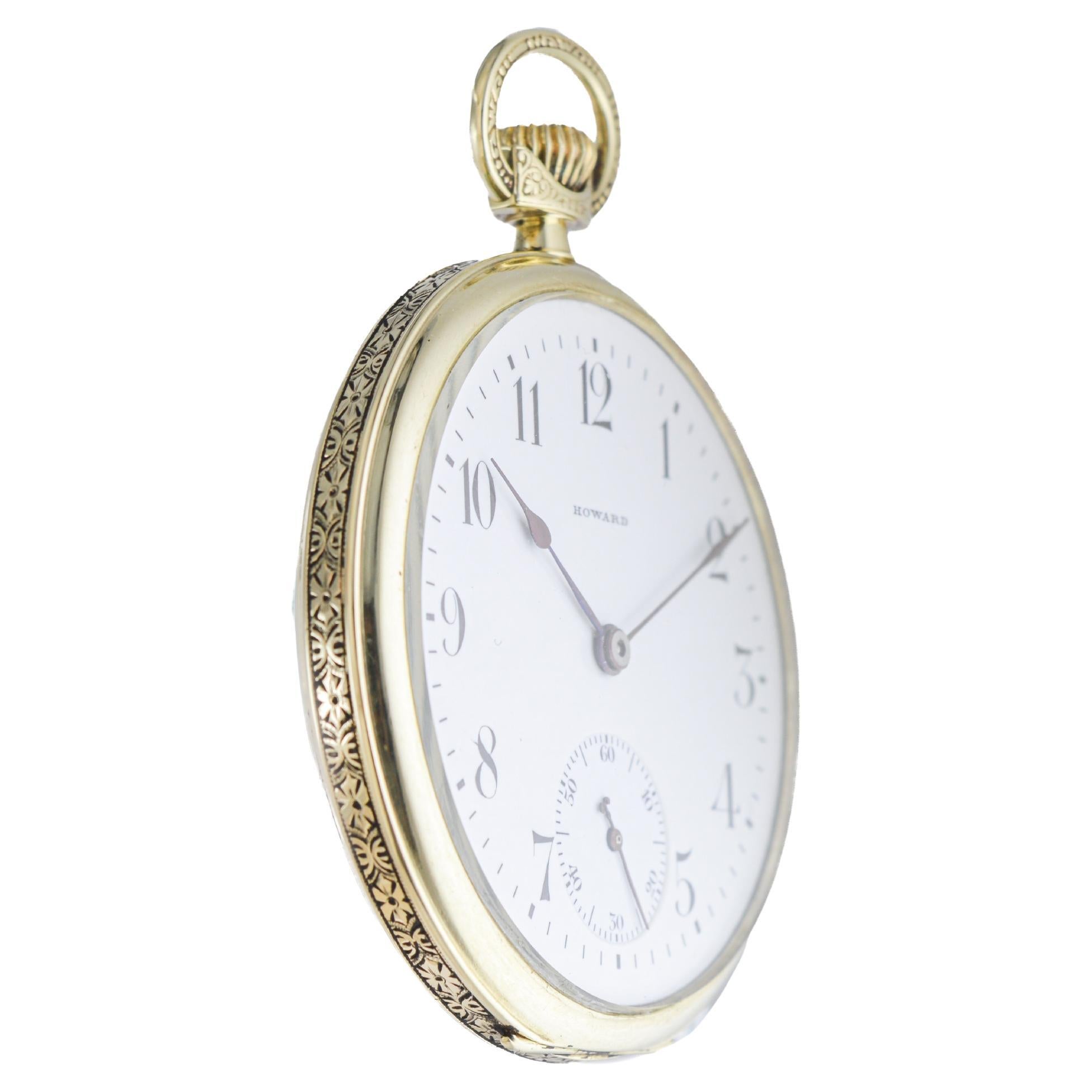 Howard 14Kt Solid Gold Open Faced Pocket Watch 1925 Flawless Enamel Dial Pour hommes en vente