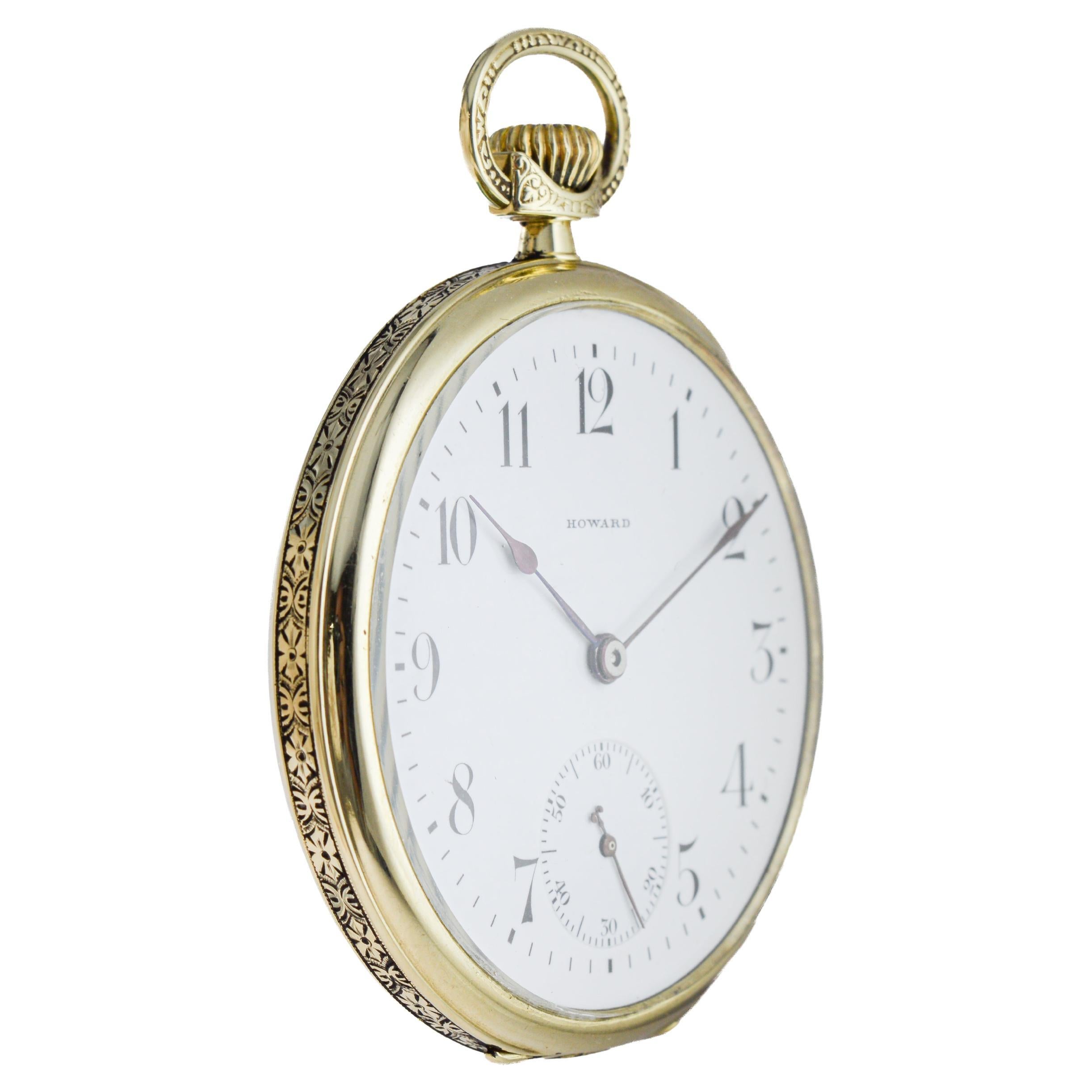 Howard 14Kt Solid Gold Open Faced Pocket Watch 1925 Flawless Enamel Dial en vente 1