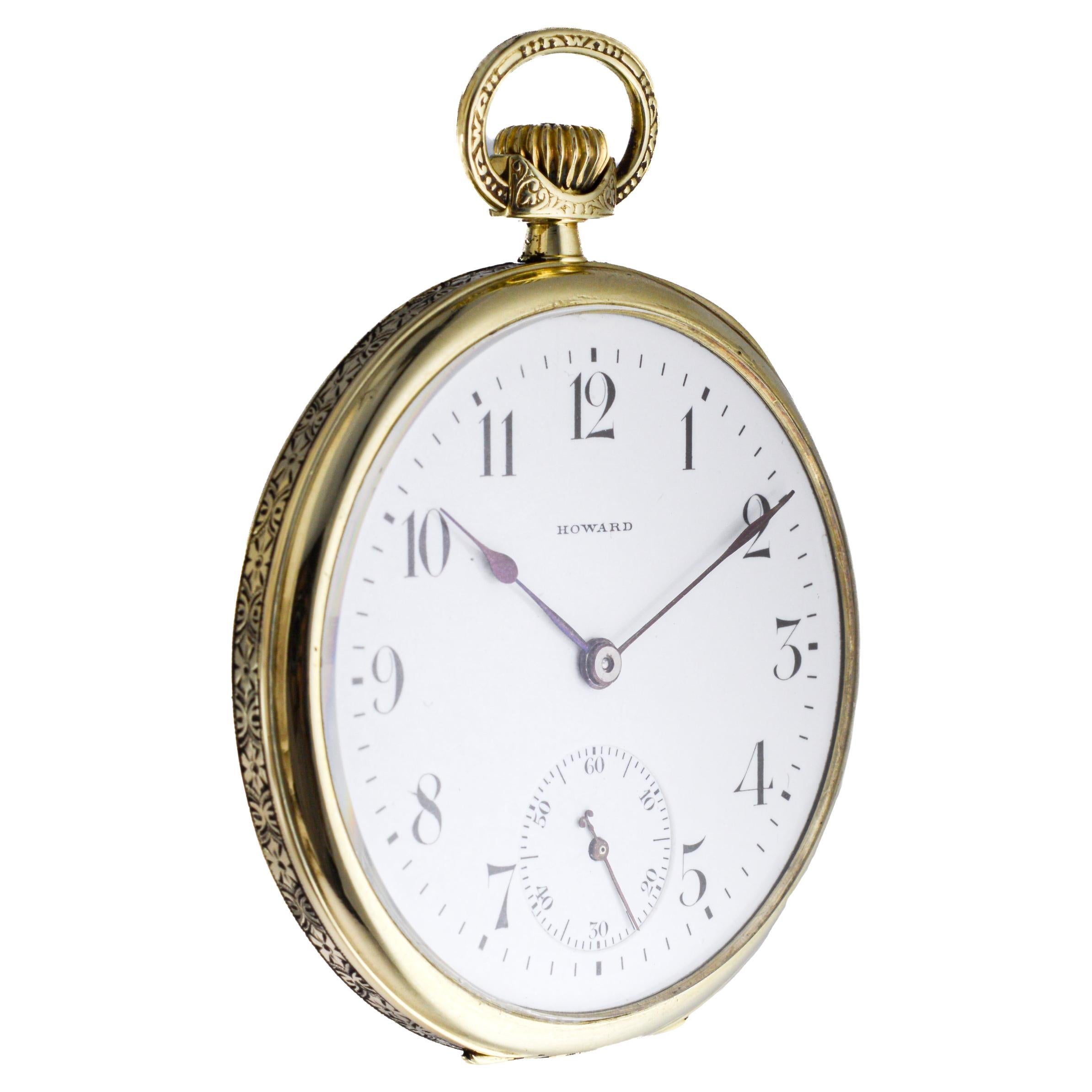Howard 14Kt Solid Gold Open Faced Pocket Watch 1925 Flawless Enamel Dial en vente 2