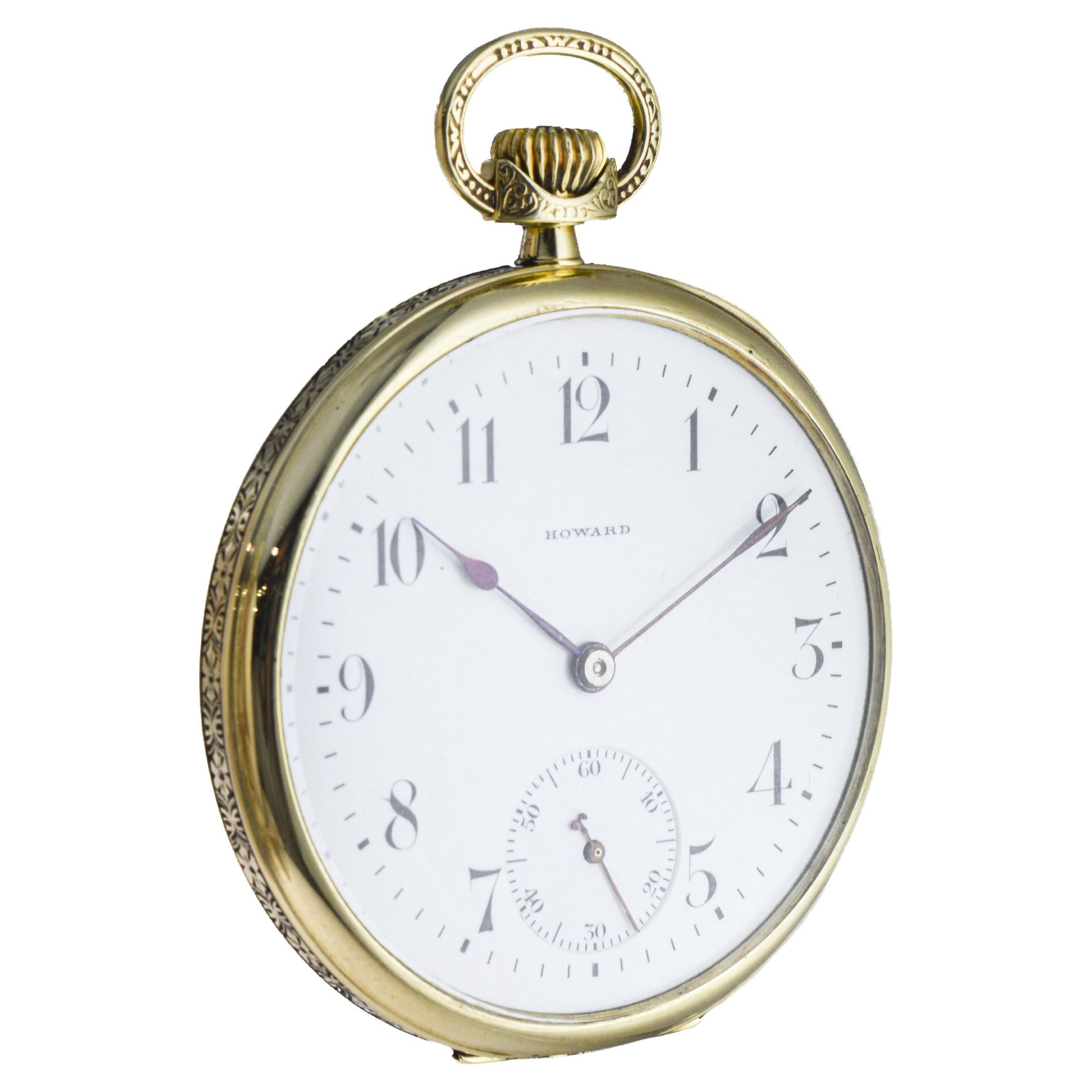 Howard 14Kt Solid Gold Open Faced Pocket Watch 1925 Flawless Enamel Dial en vente 3