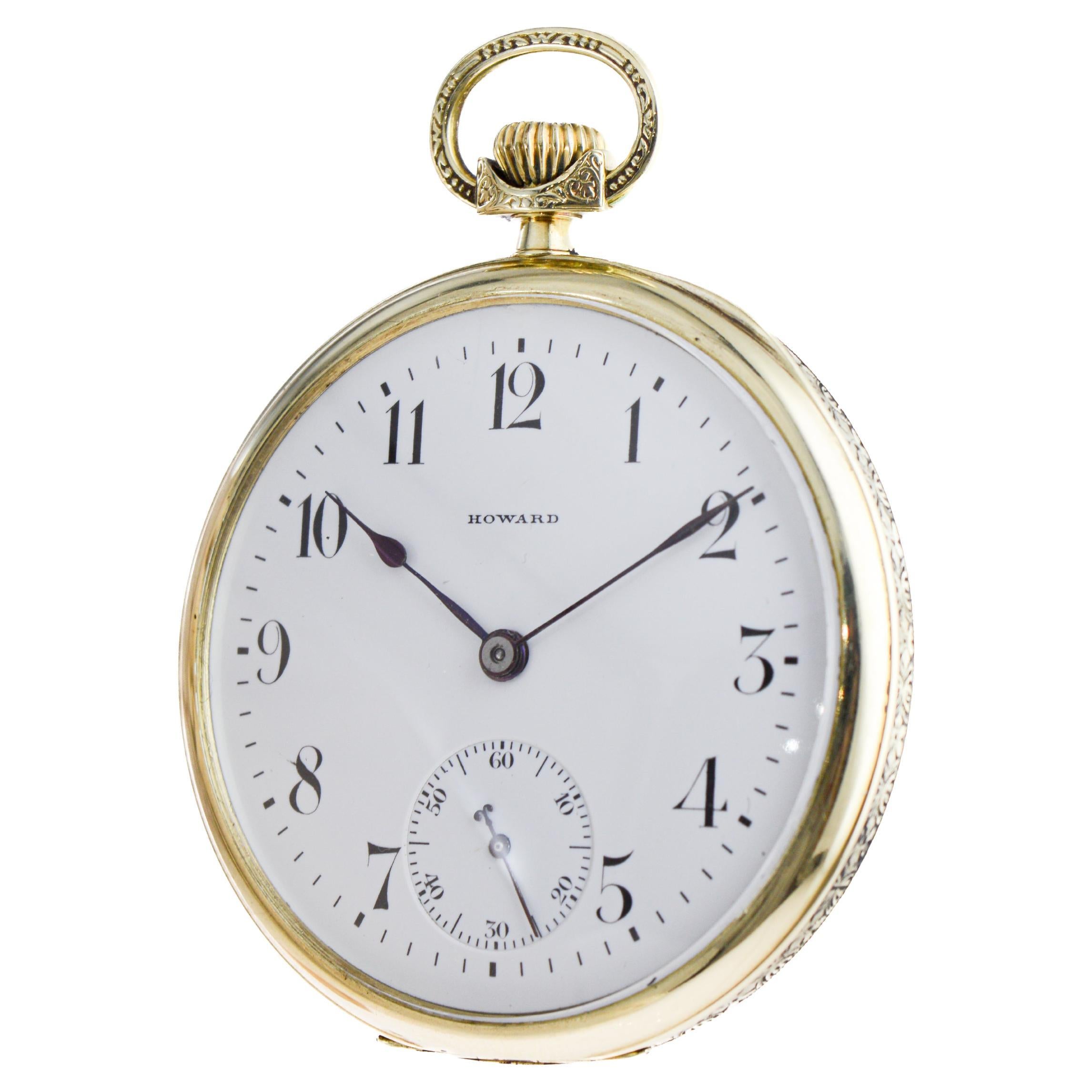 Howard 14Kt Solid Gold Open Faced Pocket Watch 1925 Flawless Enamel Dial en vente 4