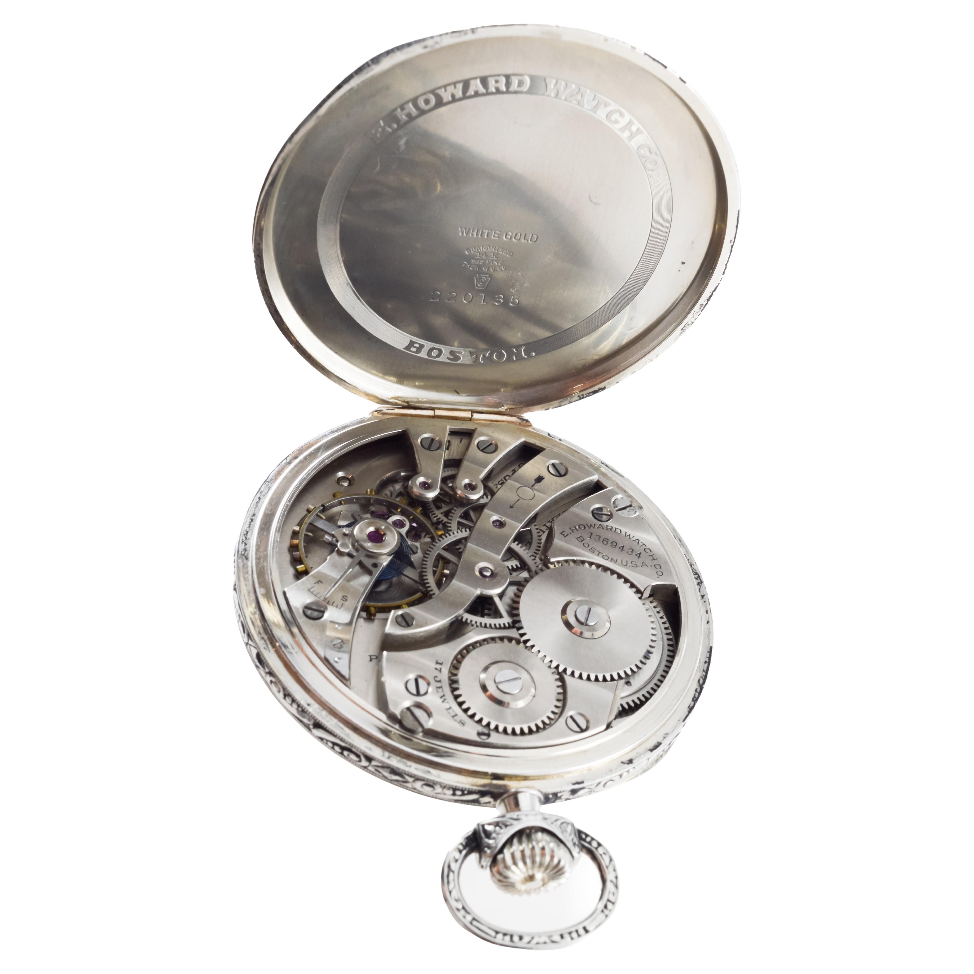 Howard 14Kt. Solid White Gold Art Deco Pocket Watch with Kiln Fired Enamel Dial For Sale 9