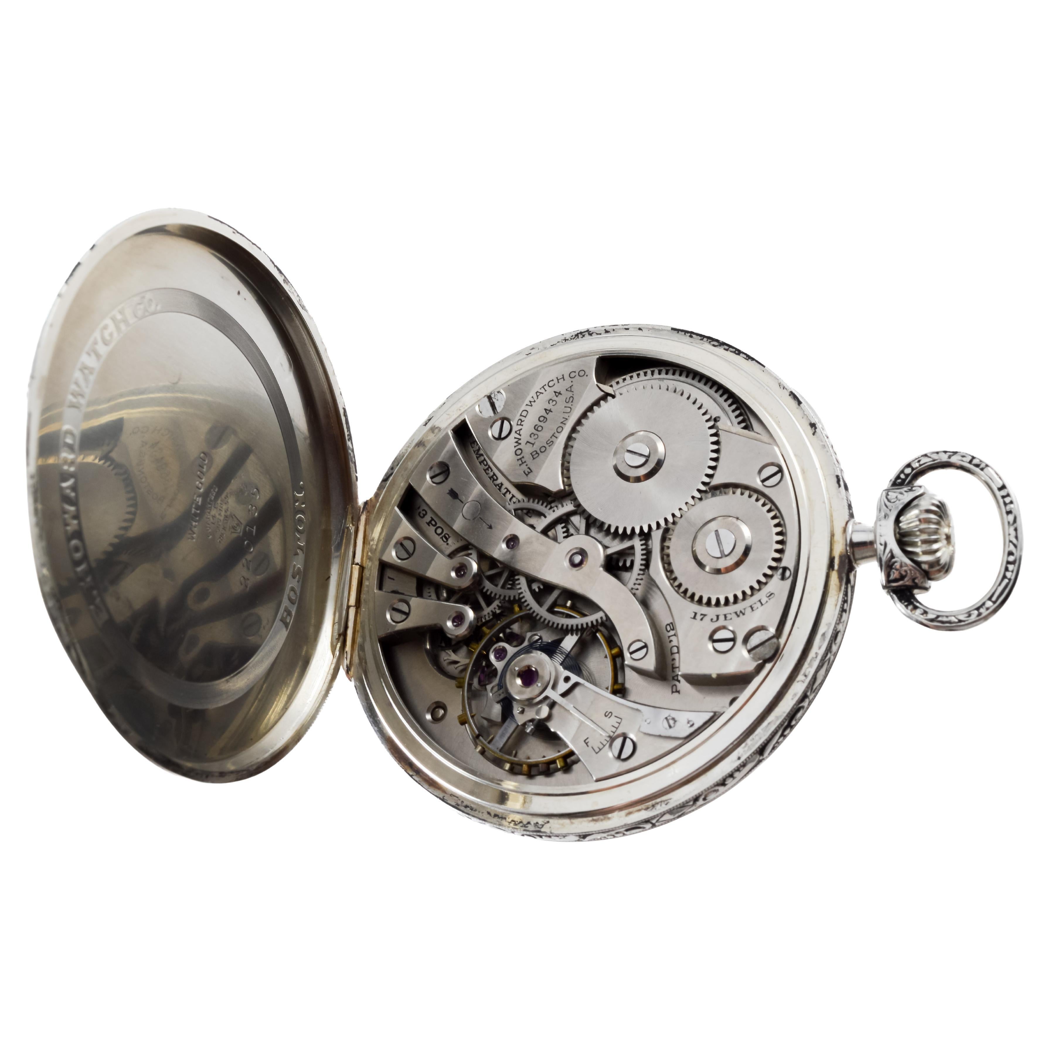 Howard 14Kt. Montre de poche Art déco en or blanc massif avec cadran en émail cuite au four en vente 10