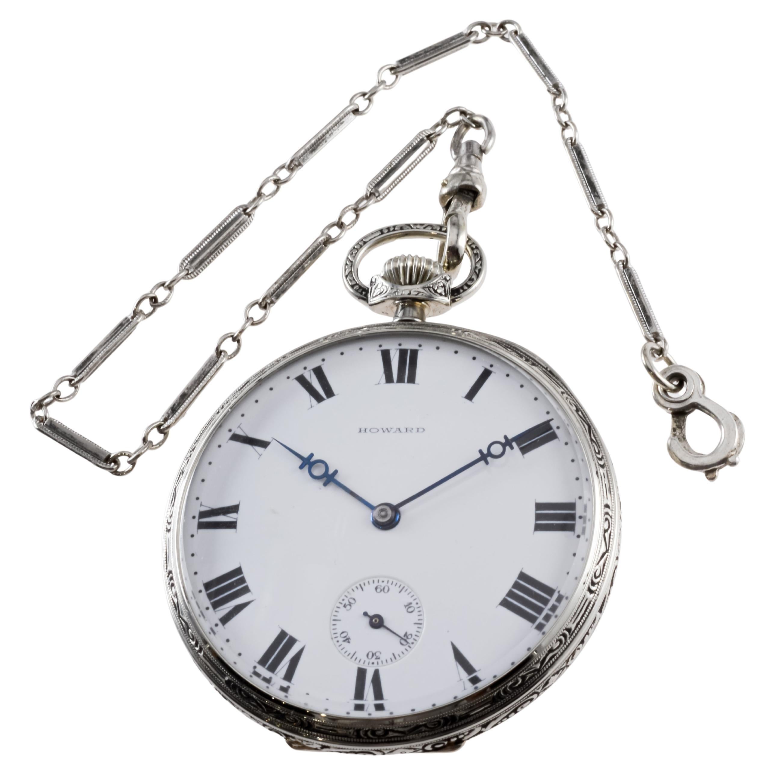 FACTORY / HOUSE: Howard Watch Company
STYLE / REFERENCE: Art Deco / Round 
METAL / MATERIAL: 14Kt Solid White Gold
CIRCA / YEAR: 1925
DIMENSIONS / SIZE: Diameter 46mm
MOVEMENT / CALIBER: Manual Winding / 17 Jewels / 14 Size 
DIAL / HANDS: Factory