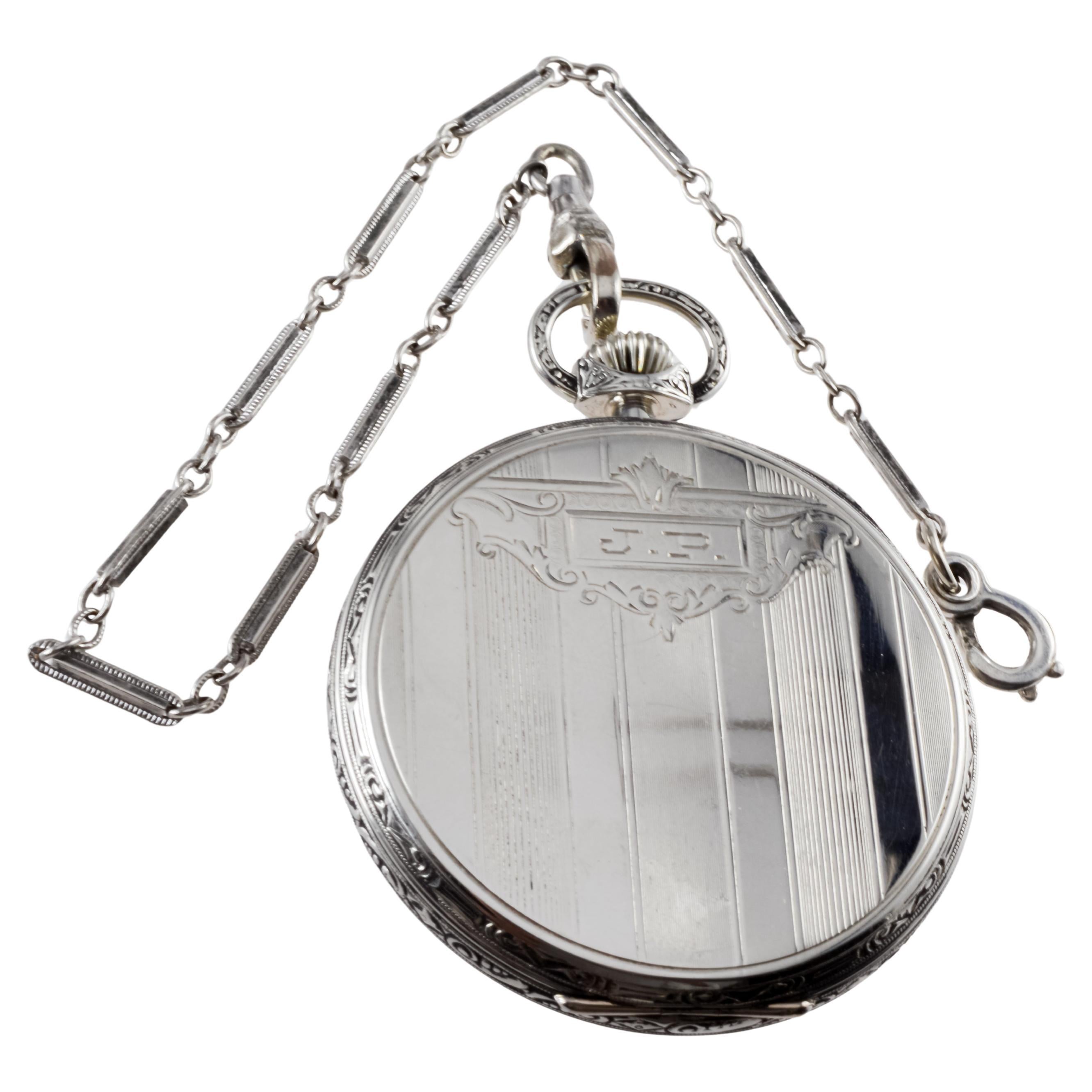 Howard 14Kt. Solid White Gold Art Deco Pocket Watch with Kiln Fired Enamel Dial In Excellent Condition For Sale In Long Beach, CA