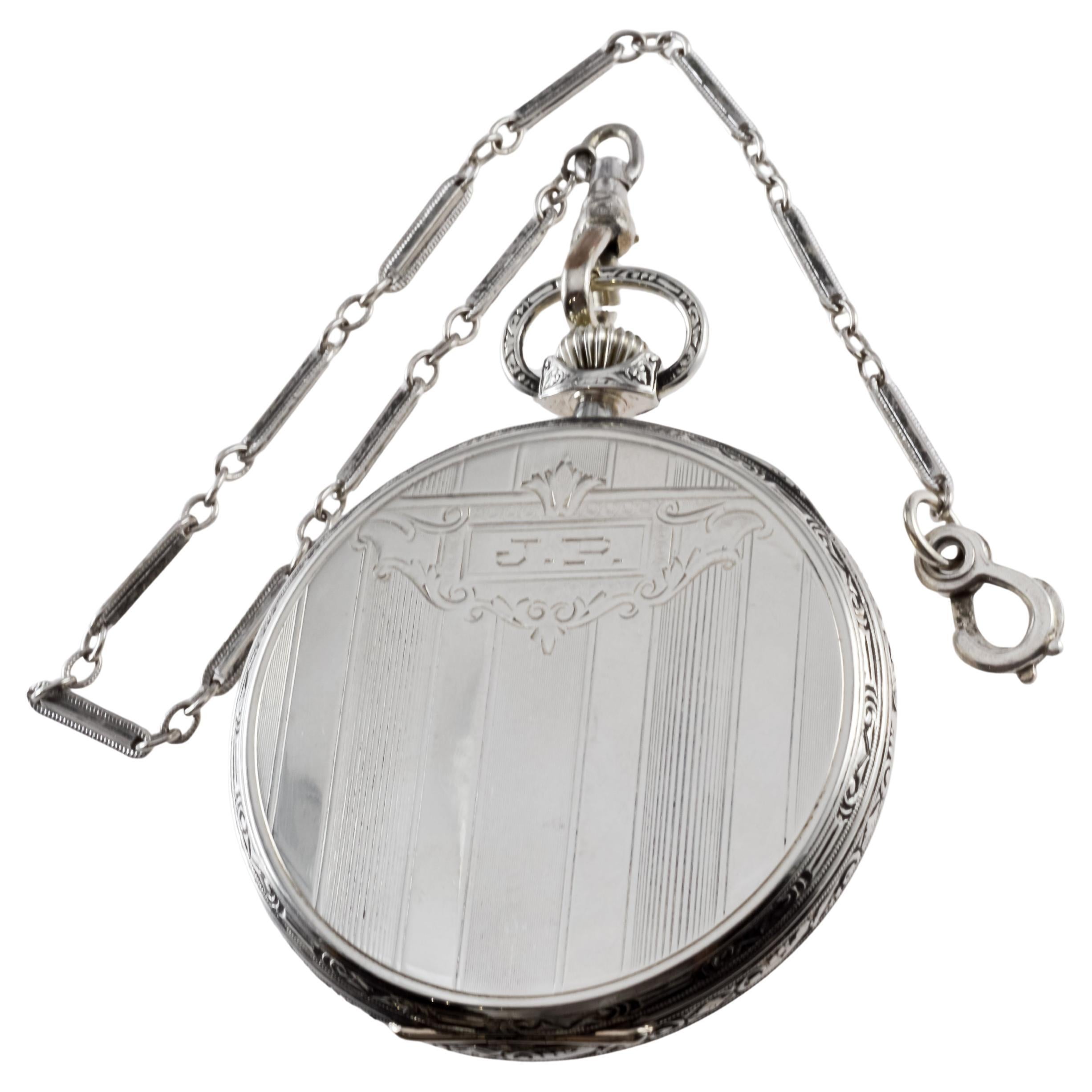 Women's or Men's Howard 14Kt. Solid White Gold Art Deco Pocket Watch with Kiln Fired Enamel Dial For Sale