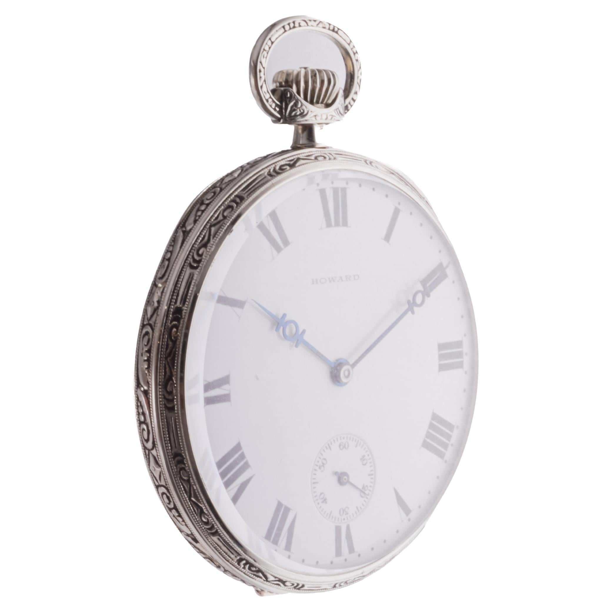 Howard 14Kt. Solid White Gold Art Deco Pocket Watch with Kiln Fired Enamel Dial For Sale 1