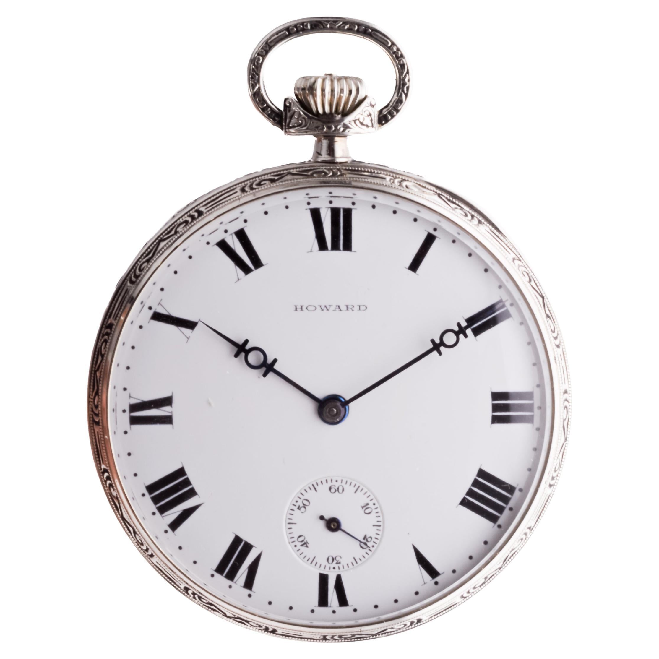 Howard 14Kt. Solid White Gold Art Deco Pocket Watch with Kiln Fired Enamel Dial For Sale 3