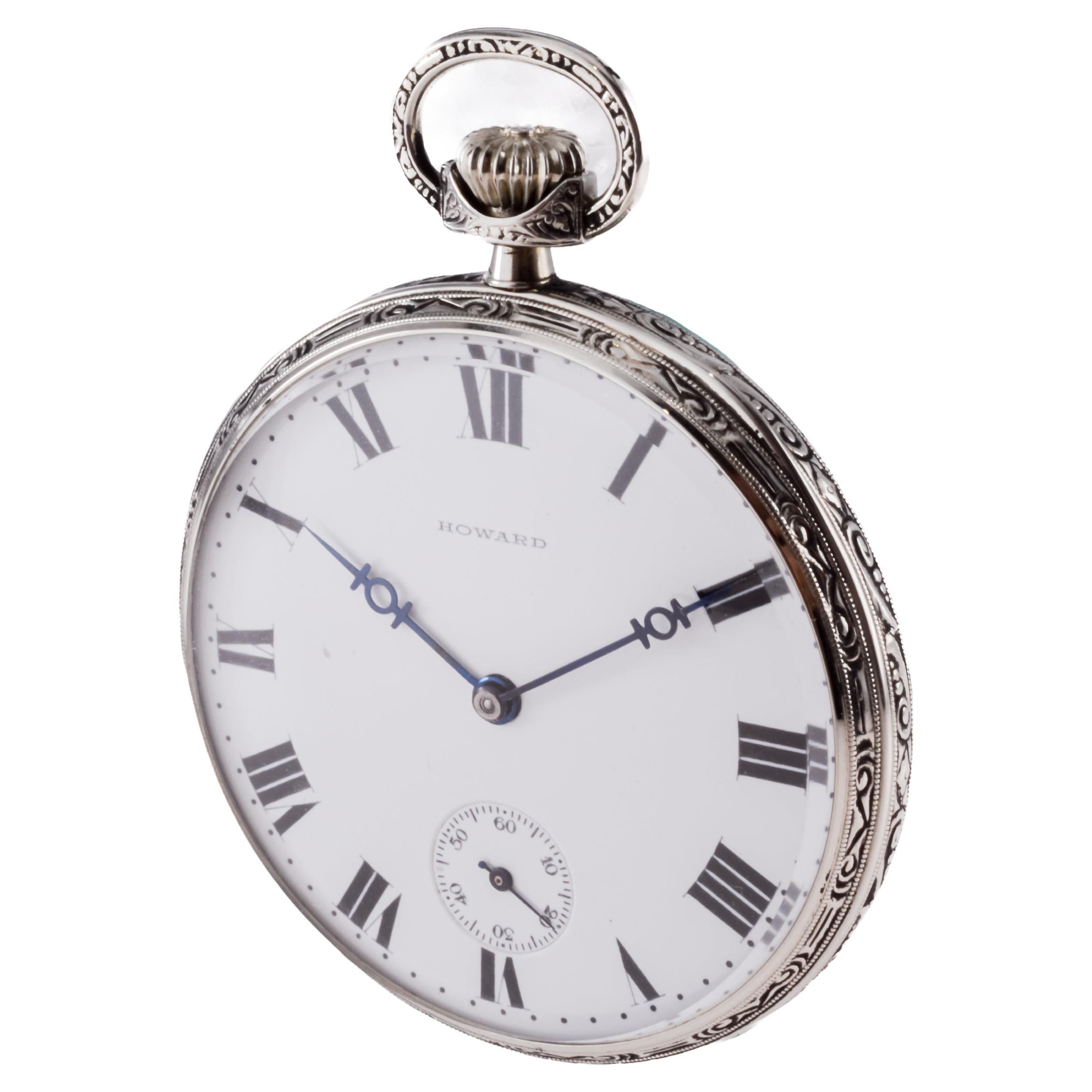 Howard 14Kt. Solid White Gold Art Deco Pocket Watch with Kiln Fired Enamel Dial For Sale 4