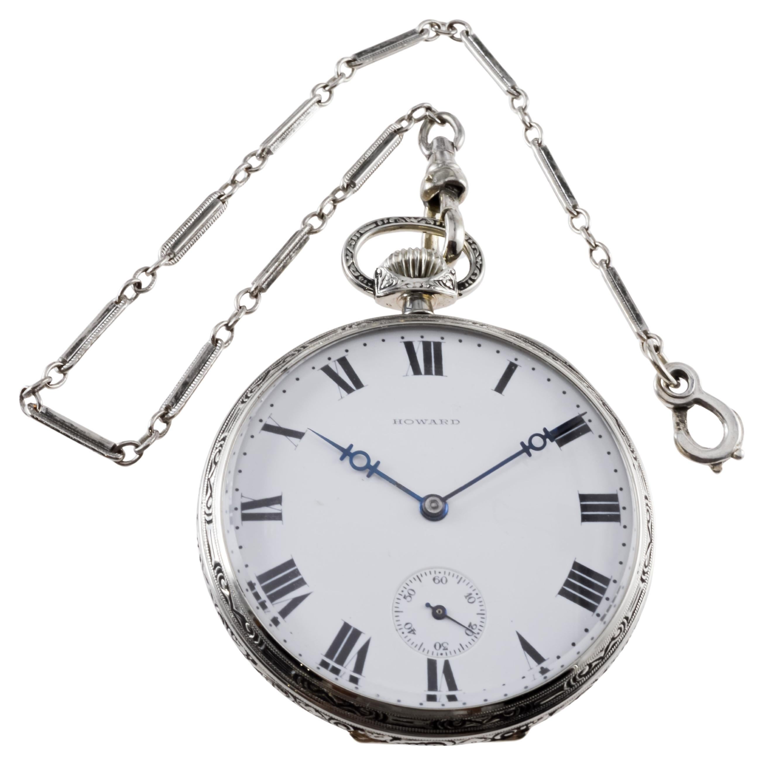 Howard 14Kt. Art-Déco-Taschenuhr aus massivem Weißgold mit Kiln-Feuer-Emaille-Zifferblatt