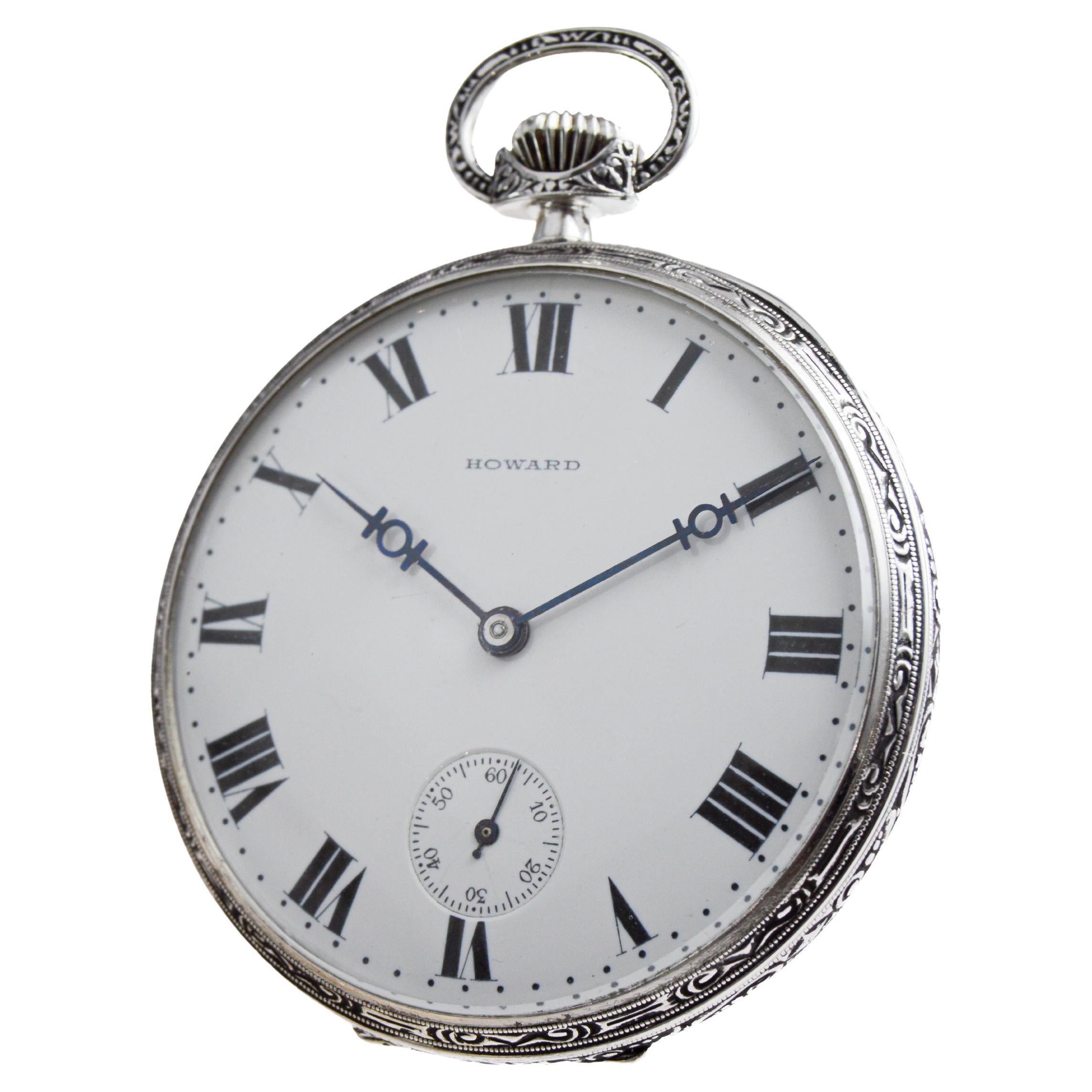 Howard 14Kt Solid White Gold Open Faced Pocket Watch circa 1925 with Enamel Dial For Sale 5