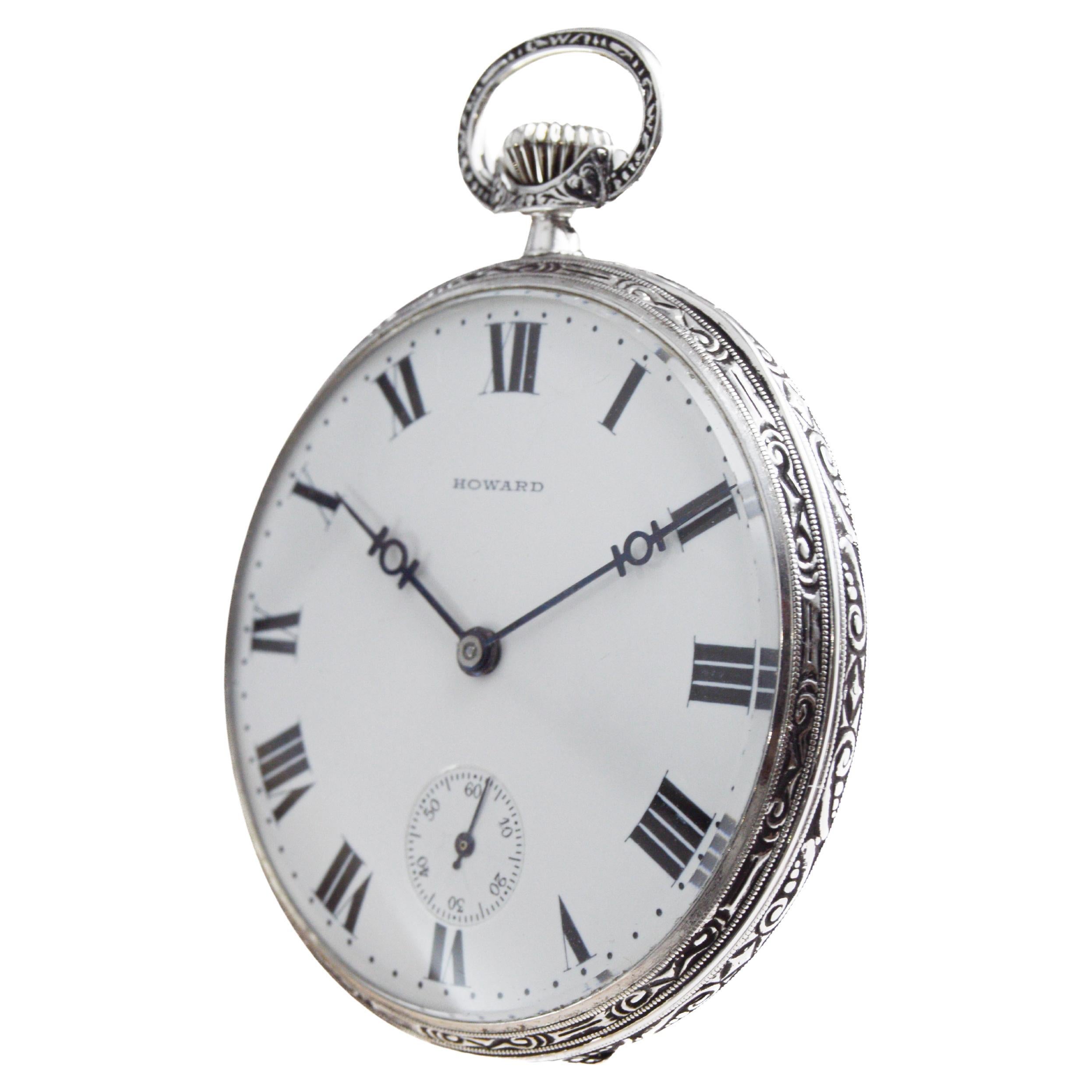 Howard 14Kt Solid White Gold Open Faced Pocket Watch circa 1925 with Enamel Dial For Sale 6