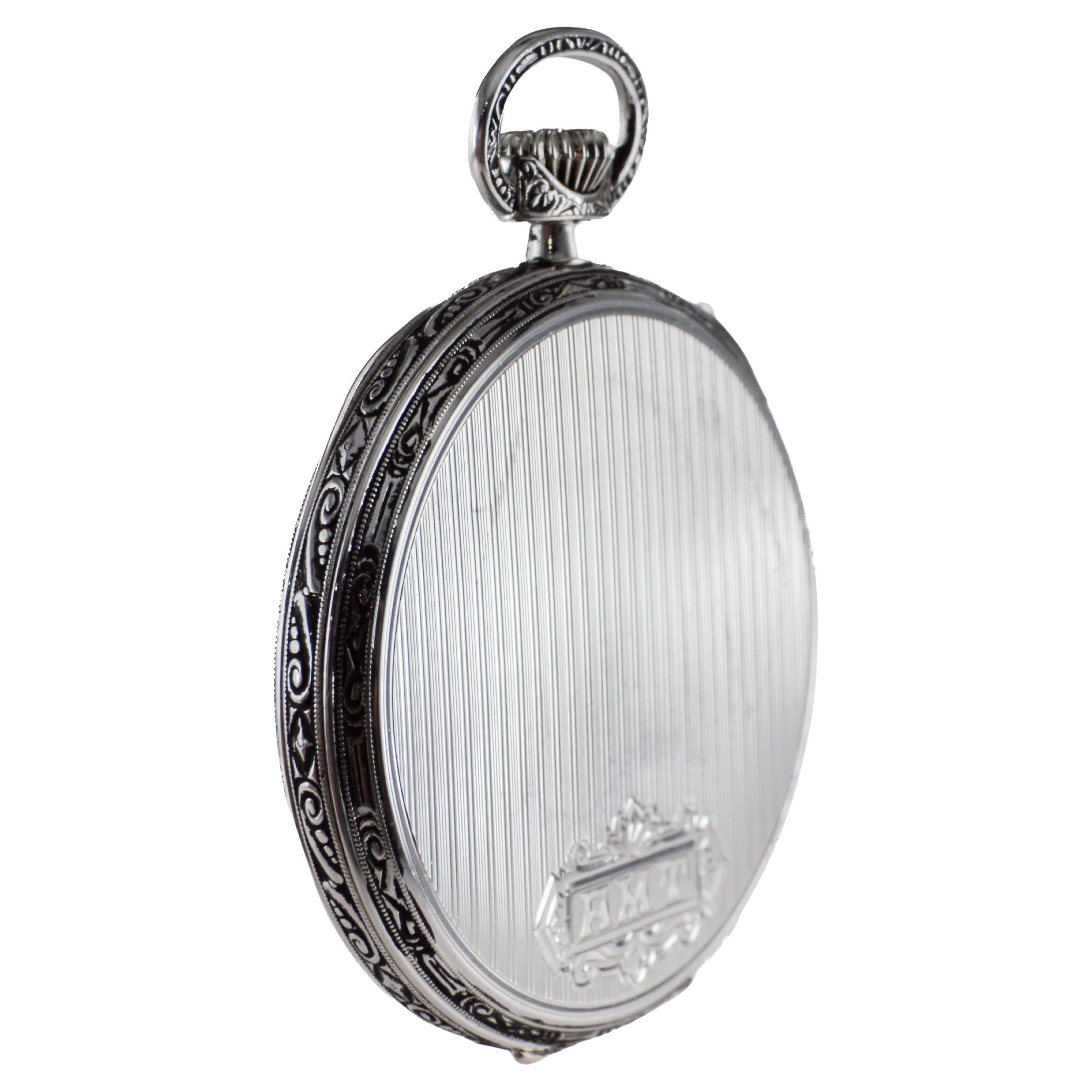 Howard 14Kt Solid White Gold Open Faced Pocket Watch circa 1925 with Enamel Dial For Sale 7