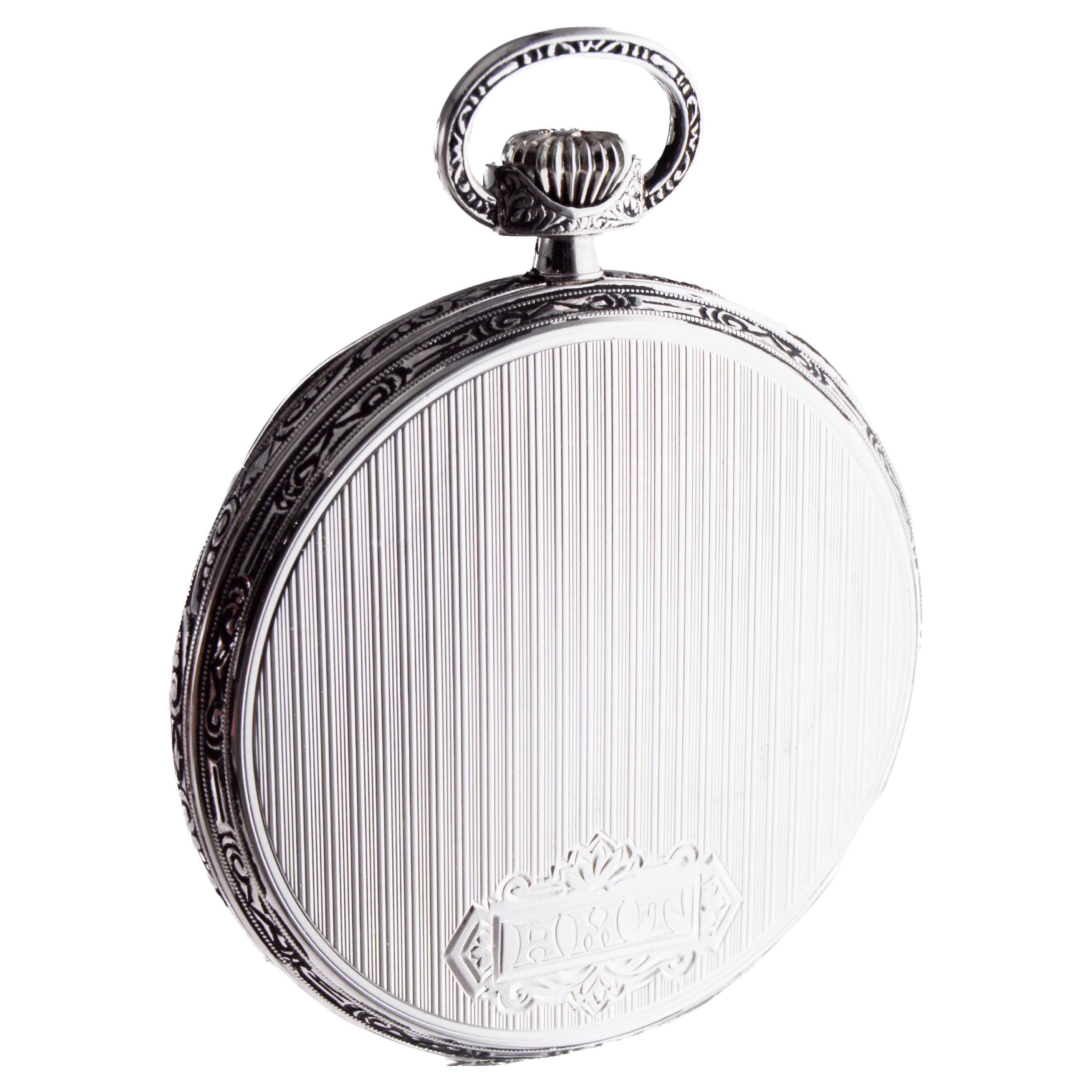 Howard 14Kt Solid White Gold Open Faced Pocket Watch circa 1925 with Enamel Dial For Sale 8