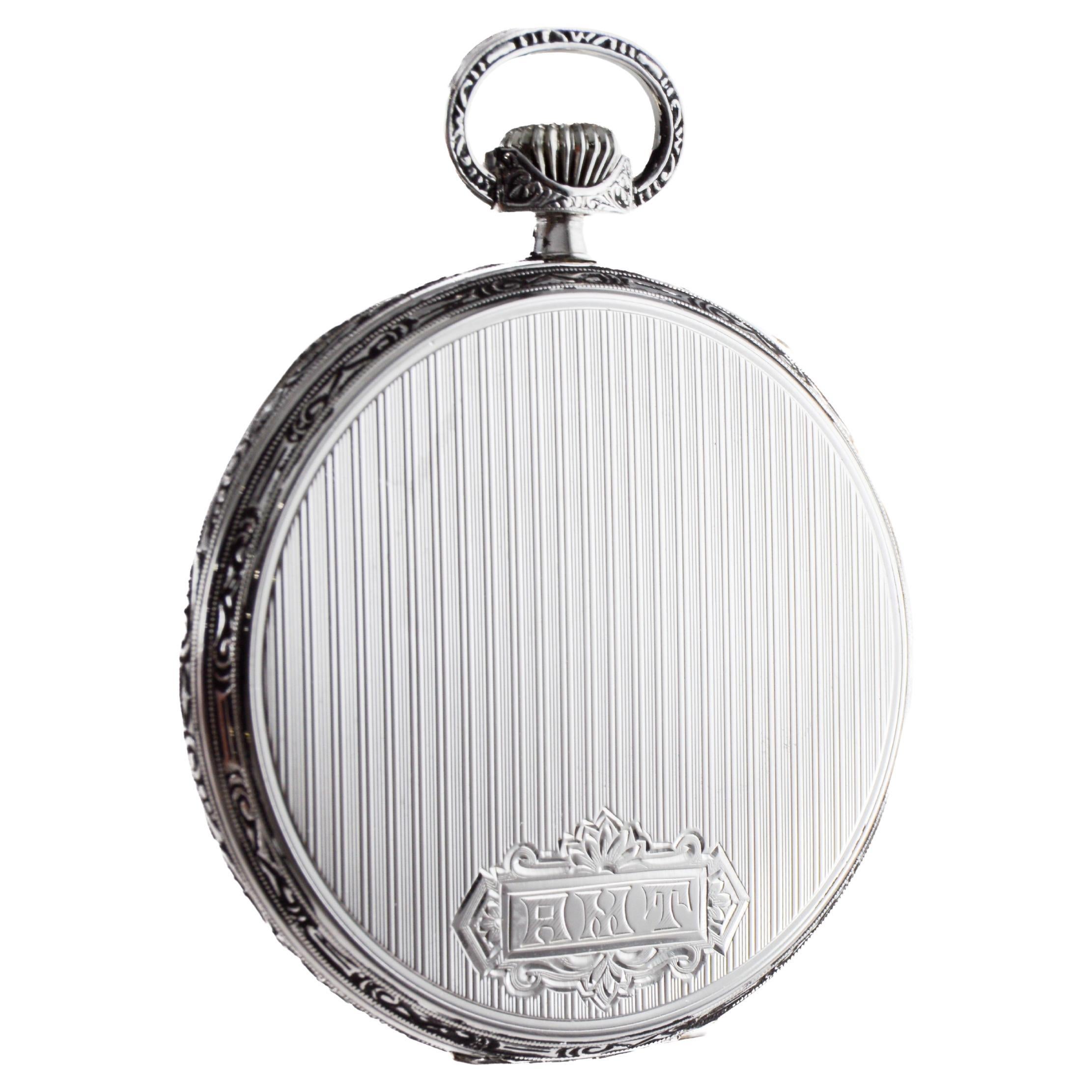 Howard 14Kt Solid White Gold Open Faced Pocket Watch circa 1925 with Enamel Dial For Sale 9