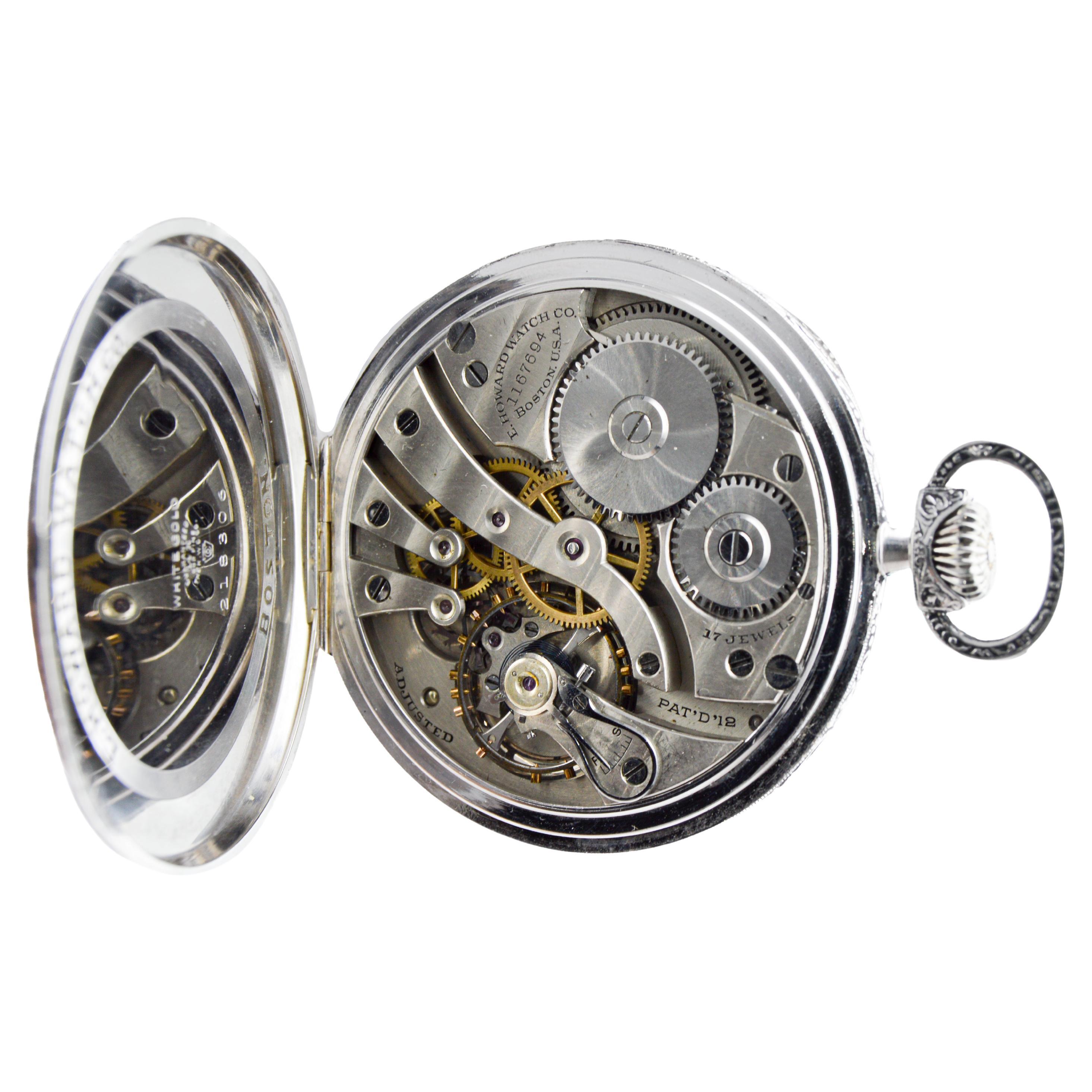 Howard 14Kt Solid White Gold Open Faced Pocket Watch circa 1925 with Enamel Dial For Sale 11