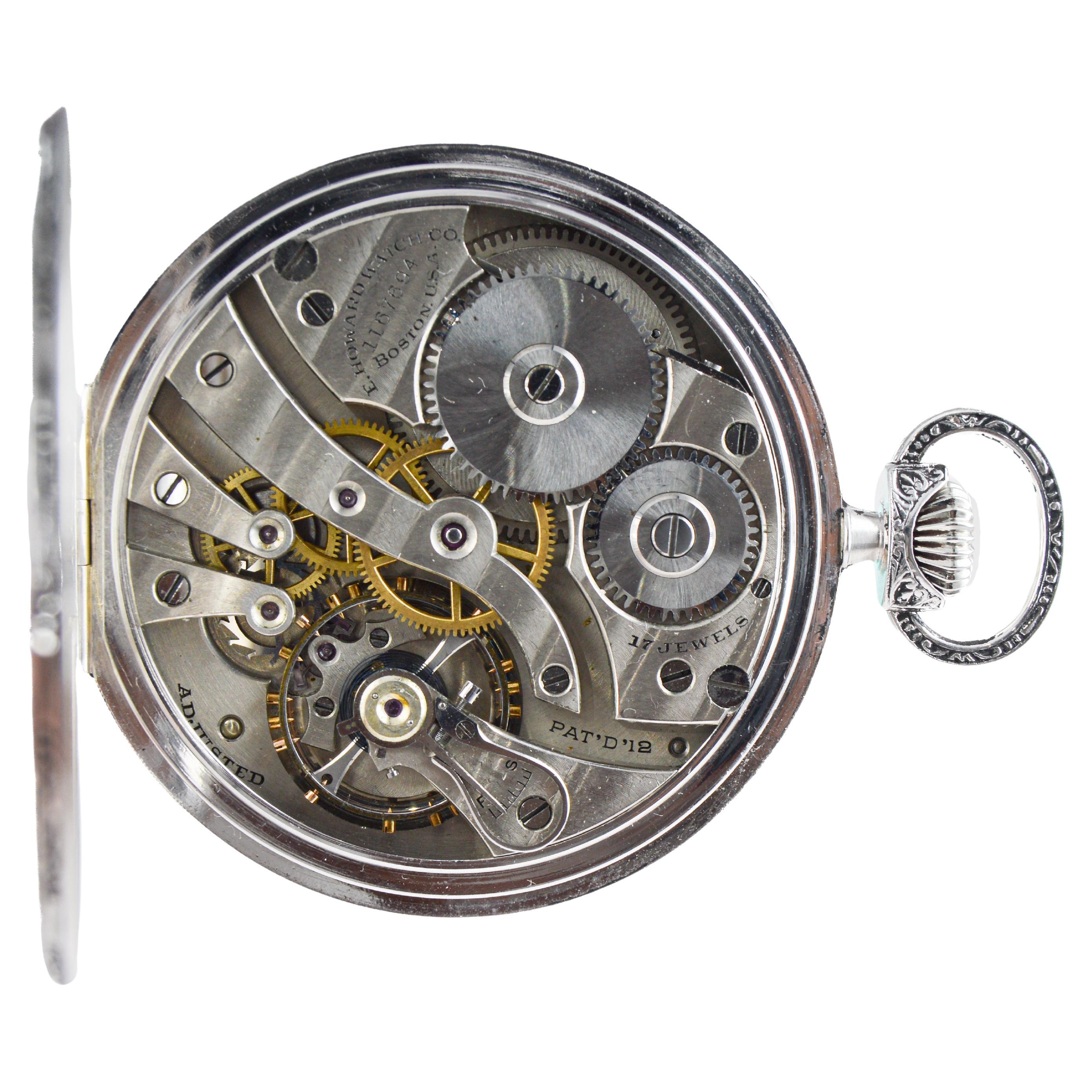 Howard 14Kt Solid White Gold Open Faced Pocket Watch circa 1925 with Enamel Dial For Sale 12