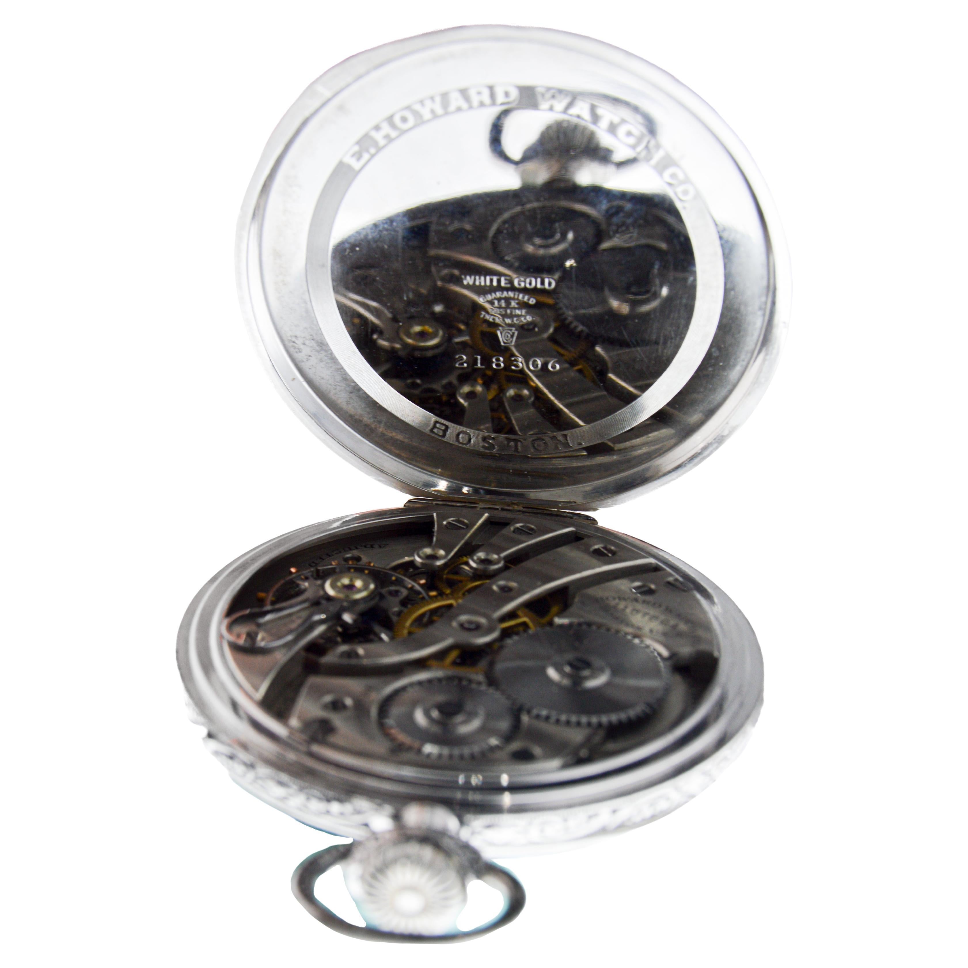 Howard 14Kt Solid White Gold Open Faced Pocket Watch circa 1925 with Enamel Dial For Sale 13