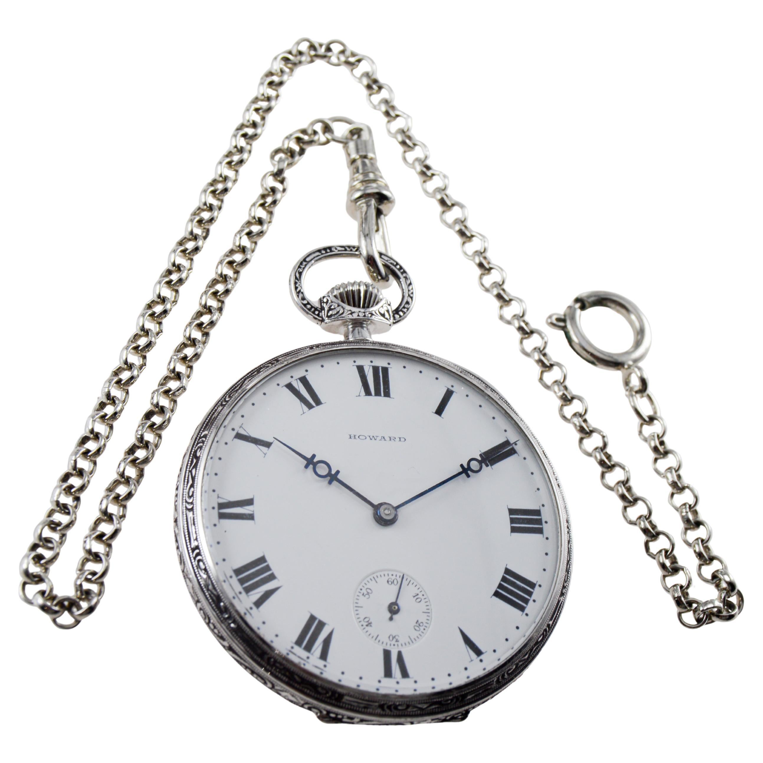 FACTORY / HOUSE: Howard Watch Company
STYLE / REFERENCE: Art Deco
METAL / MATERIAL: 14Kt Solid White Gold
CIRCA / YEAR: 1925
DIMENSIONS / SIZE: Diameter 46mm
MOVEMENT / CALIBER: Manual Winding / 17 Jewels / Caliber 12 X 14
DIAL / HANDS: Original