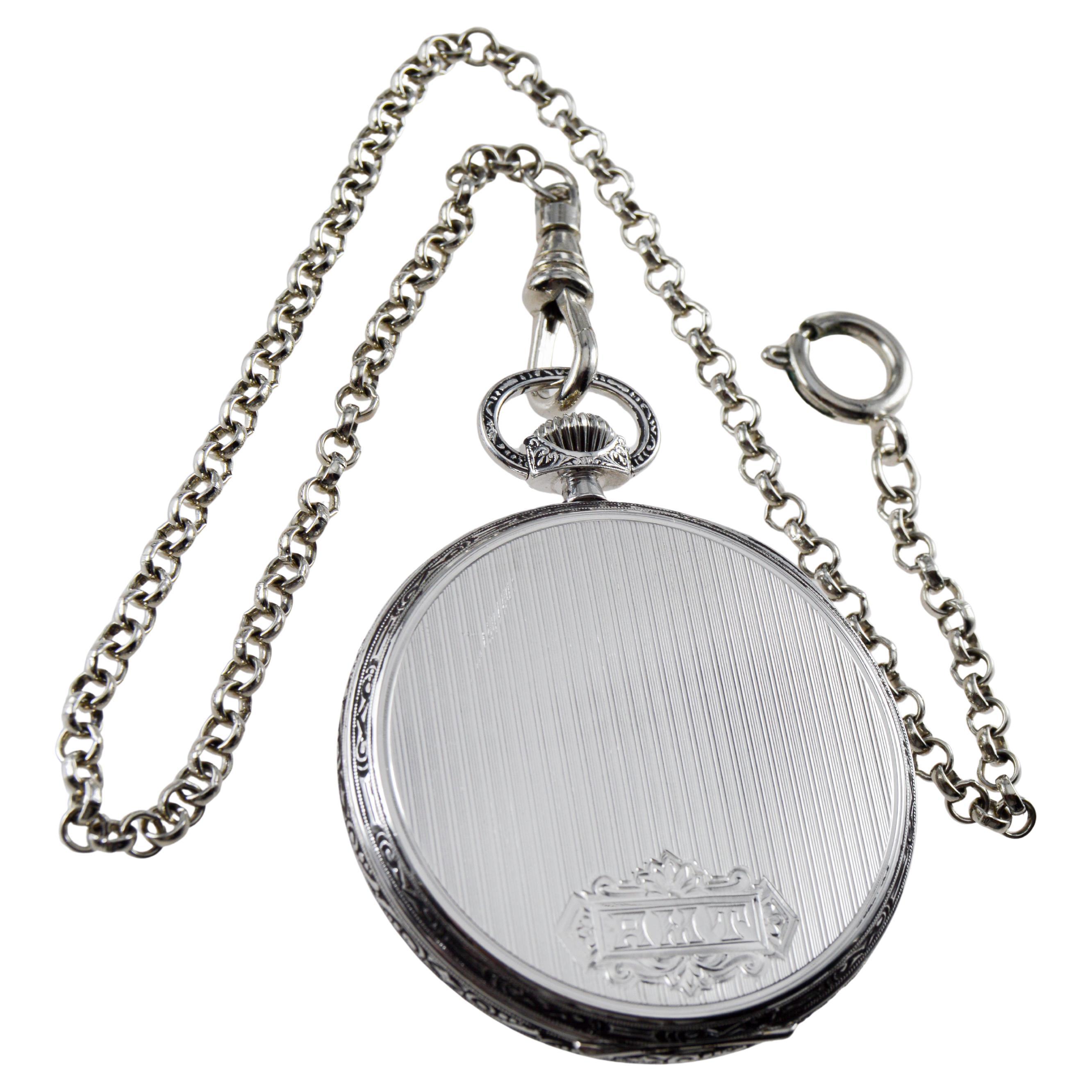 Art Deco Howard 14Kt Solid White Gold Open Faced Pocket Watch circa 1925 with Enamel Dial For Sale