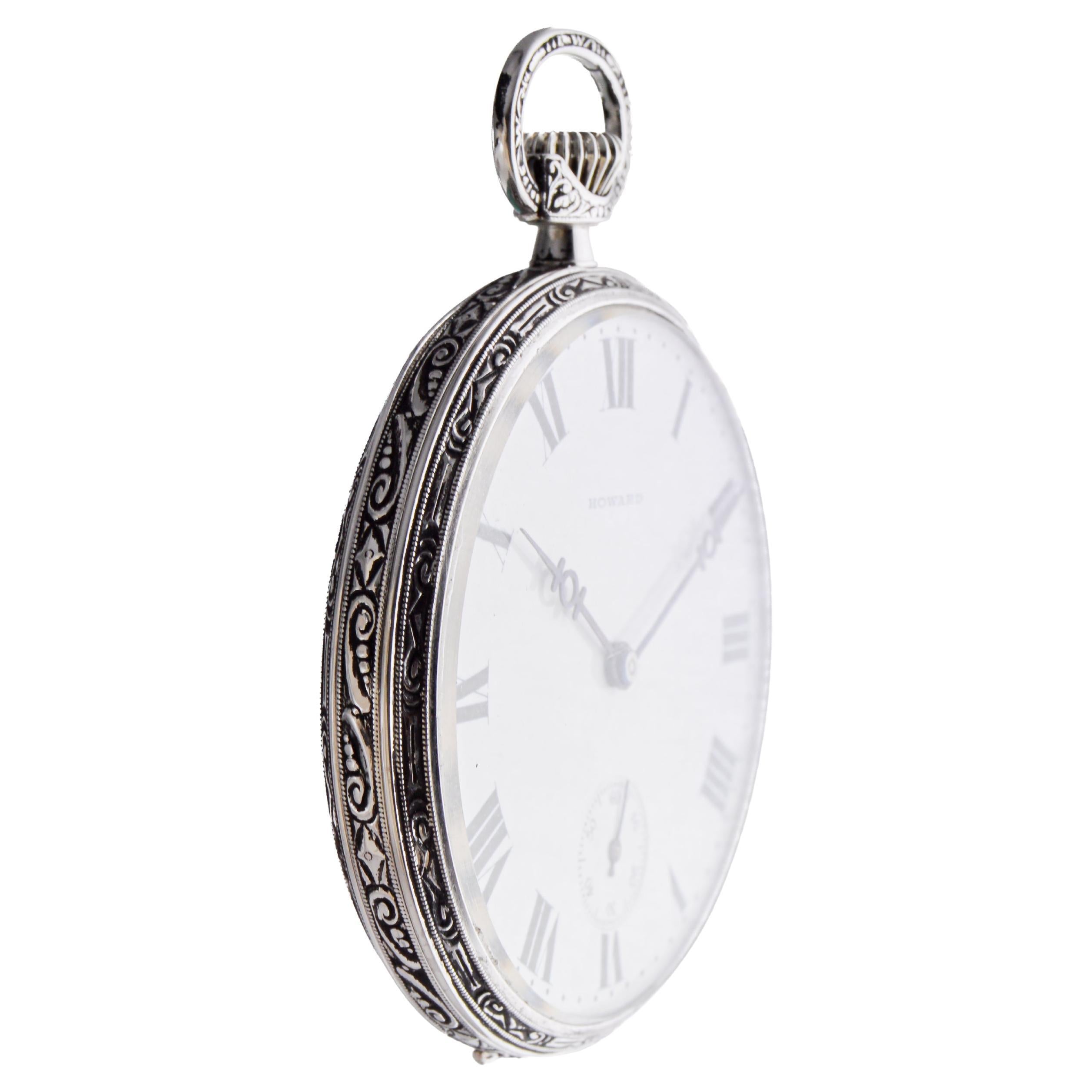 Howard 14Kt Solid White Gold Open Faced Pocket Watch circa 1925 with Enamel Dial In Excellent Condition For Sale In Long Beach, CA