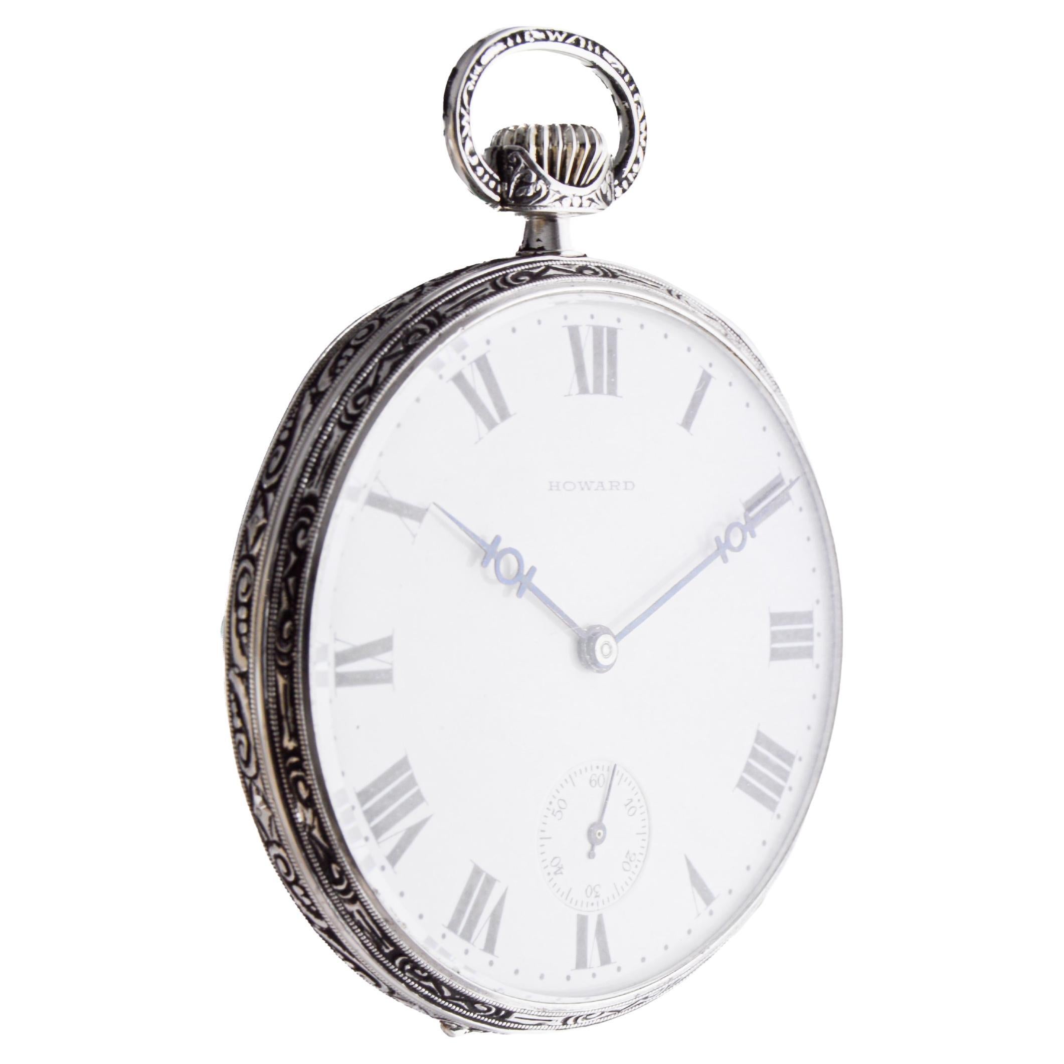 Women's or Men's Howard 14Kt Solid White Gold Open Faced Pocket Watch circa 1925 with Enamel Dial For Sale