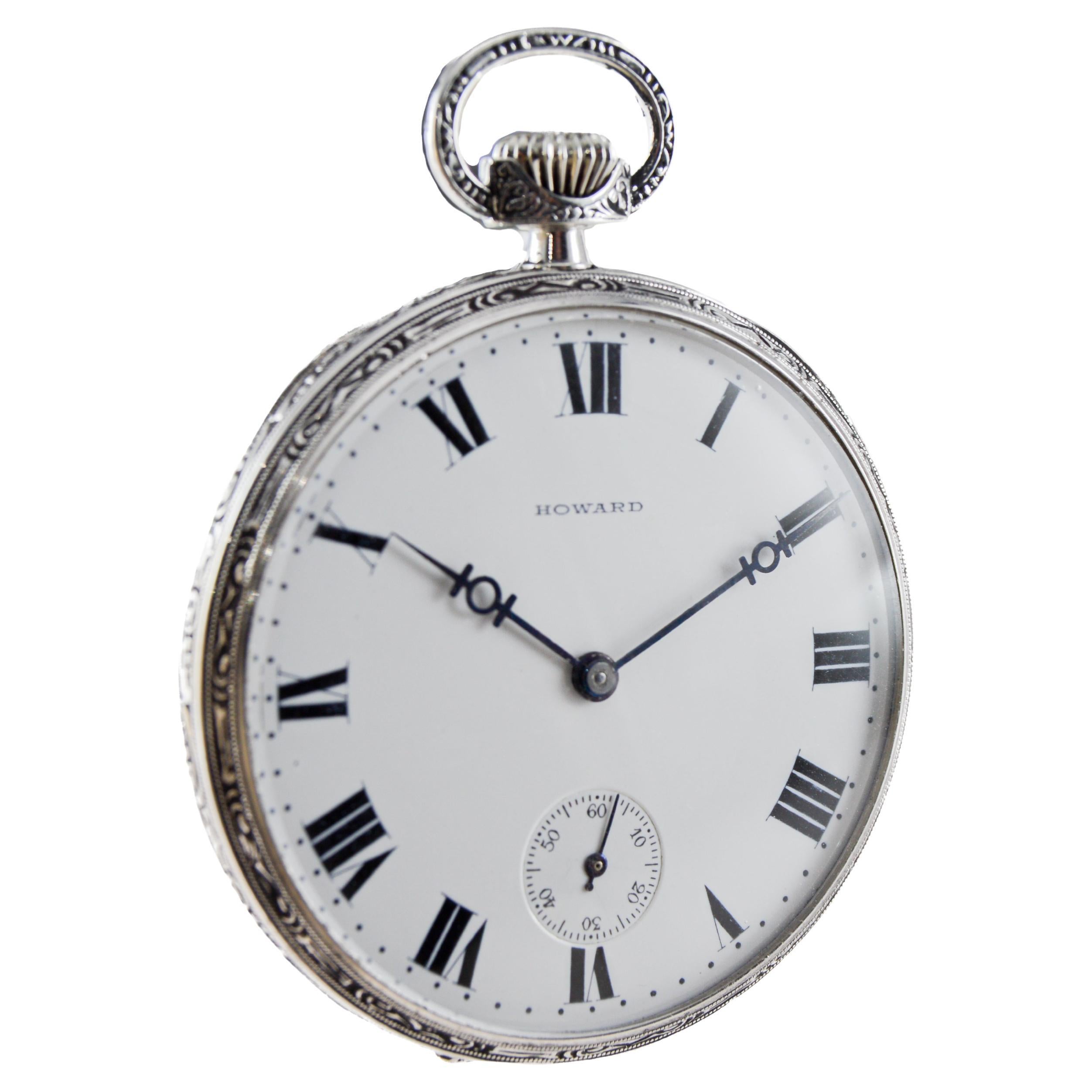 Howard 14Kt Solid White Gold Open Faced Pocket Watch circa 1925 with Enamel Dial For Sale 1