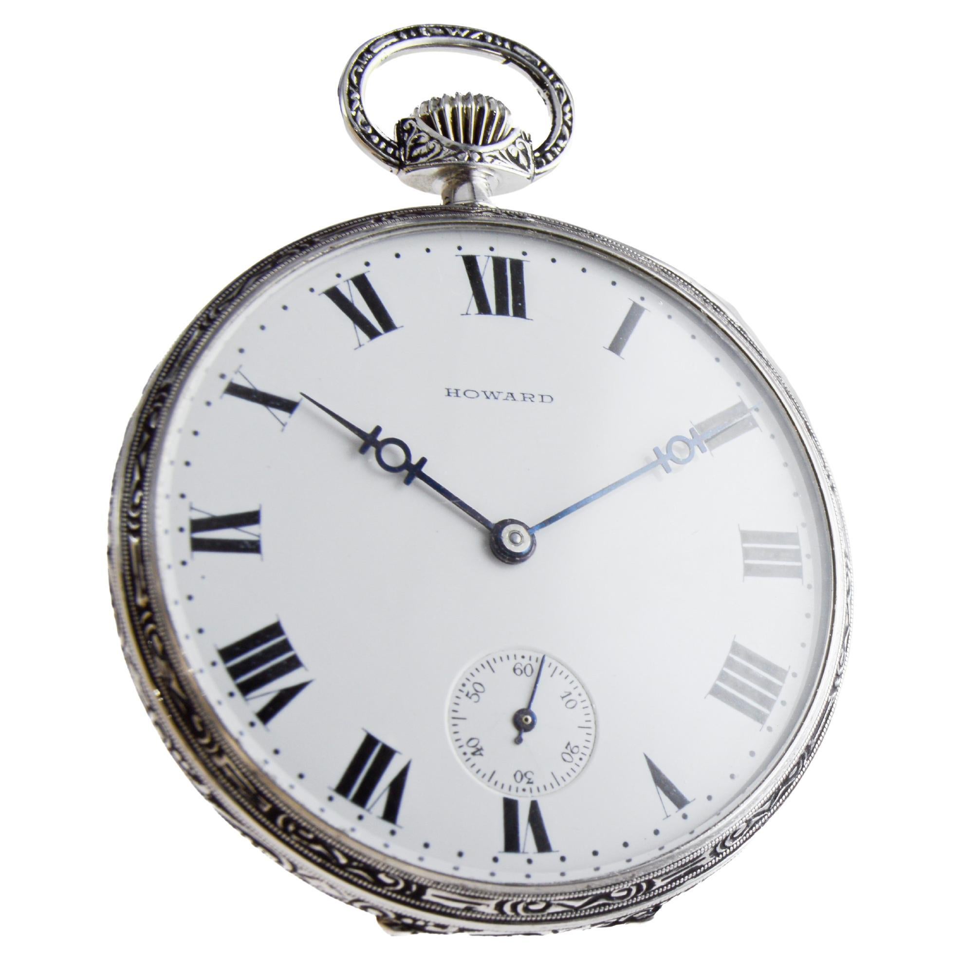 Howard 14Kt Solid White Gold Open Faced Pocket Watch circa 1925 with Enamel Dial For Sale 2