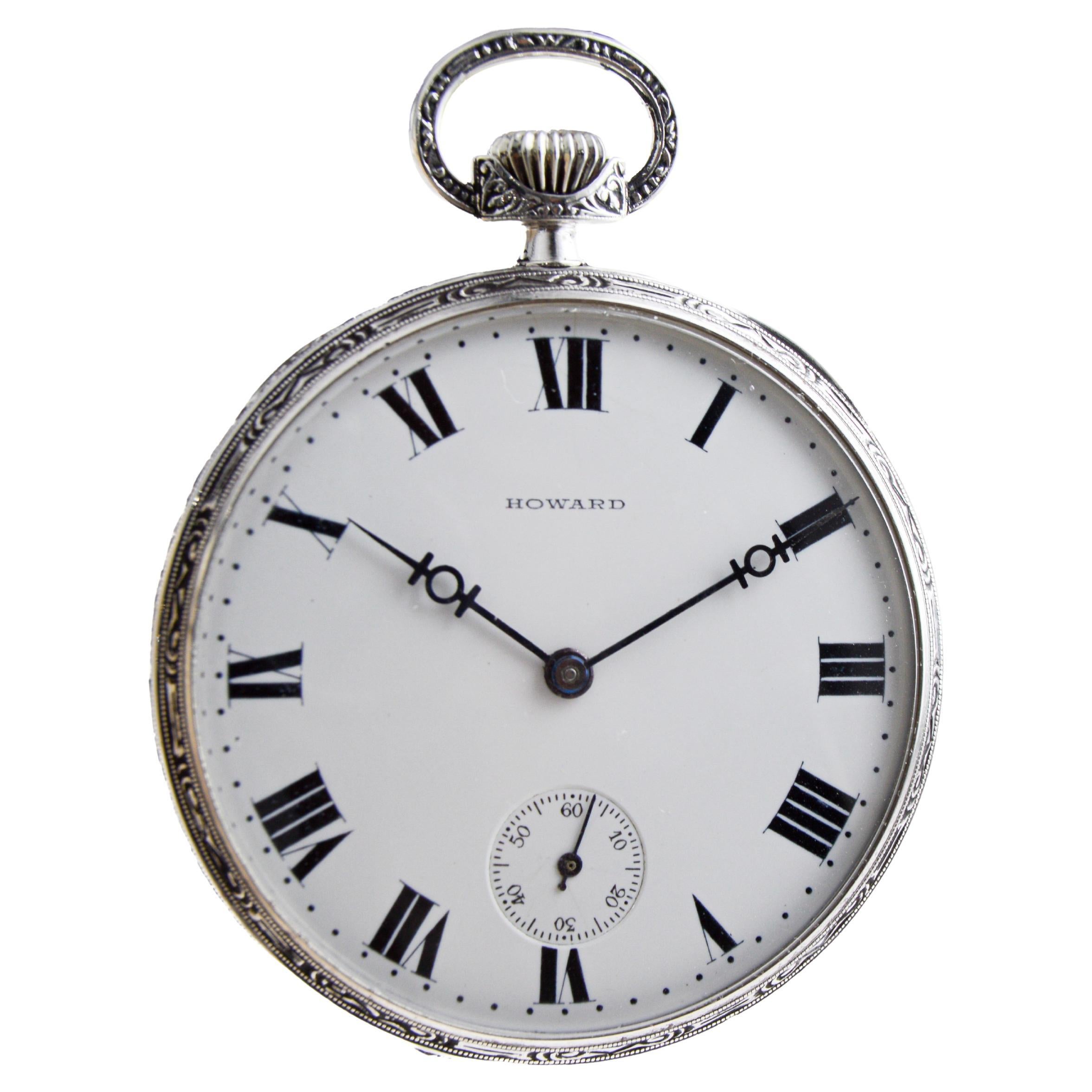 Howard 14Kt Solid White Gold Open Faced Pocket Watch circa 1925 with Enamel Dial For Sale 3