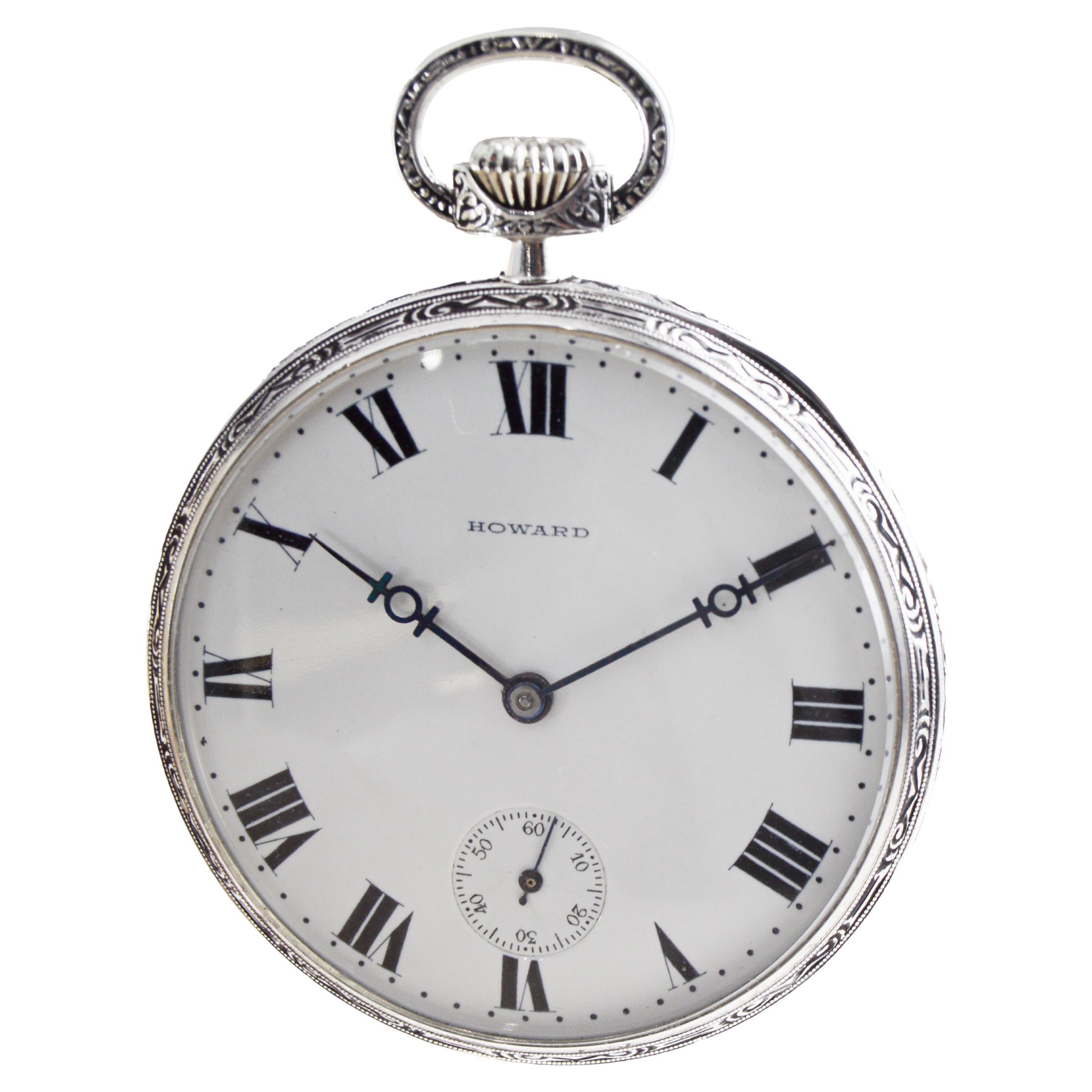 Howard 14Kt Solid White Gold Open Faced Pocket Watch circa 1925 with Enamel Dial For Sale 4