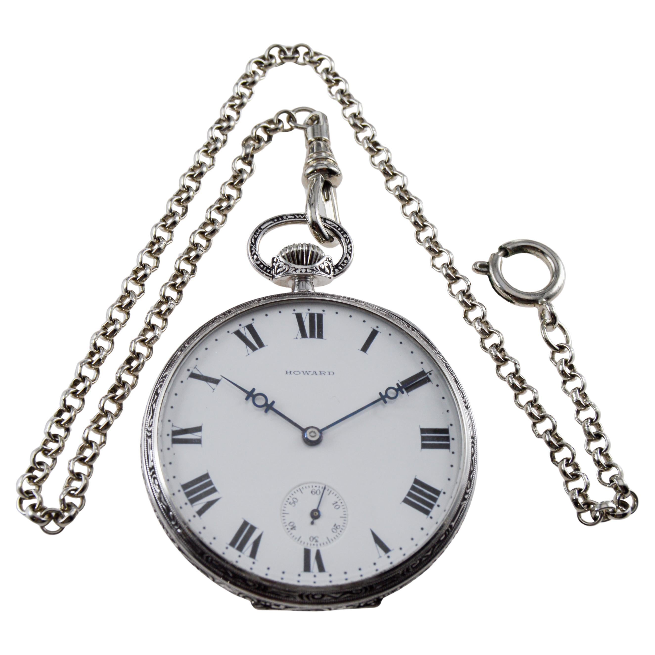 Howard 14Kt Solid White Gold Open Faced Pocket Watch circa 1925 with Enamel Dial For Sale