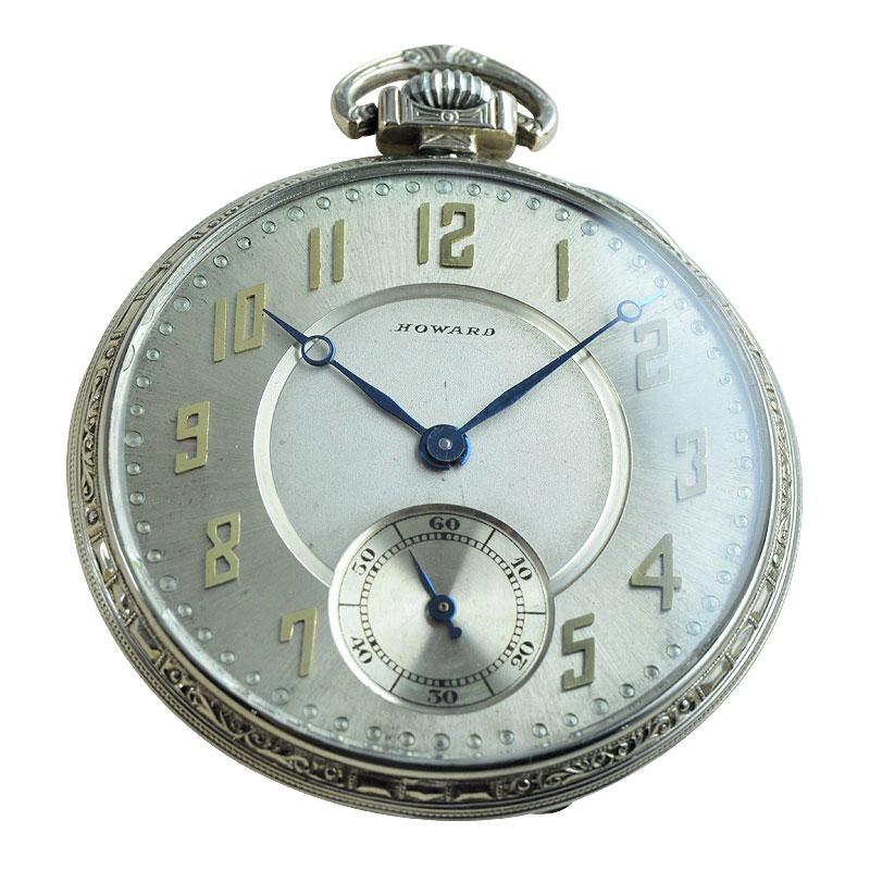 FACTORY / HOUSE: Howard Watch Company
STYLE / REFERENCE: Open Faced / 12 X 14 Size
METAL / MATERIAL: 14Kt. White G.F
CIRCA / YEAR: 1923
DIMENSIONS / SIZE: 44mm
MOVEMENT / CALIBER: Manual Winding / 17 Jewels 
DIAL / HANDS: Original Silvered with