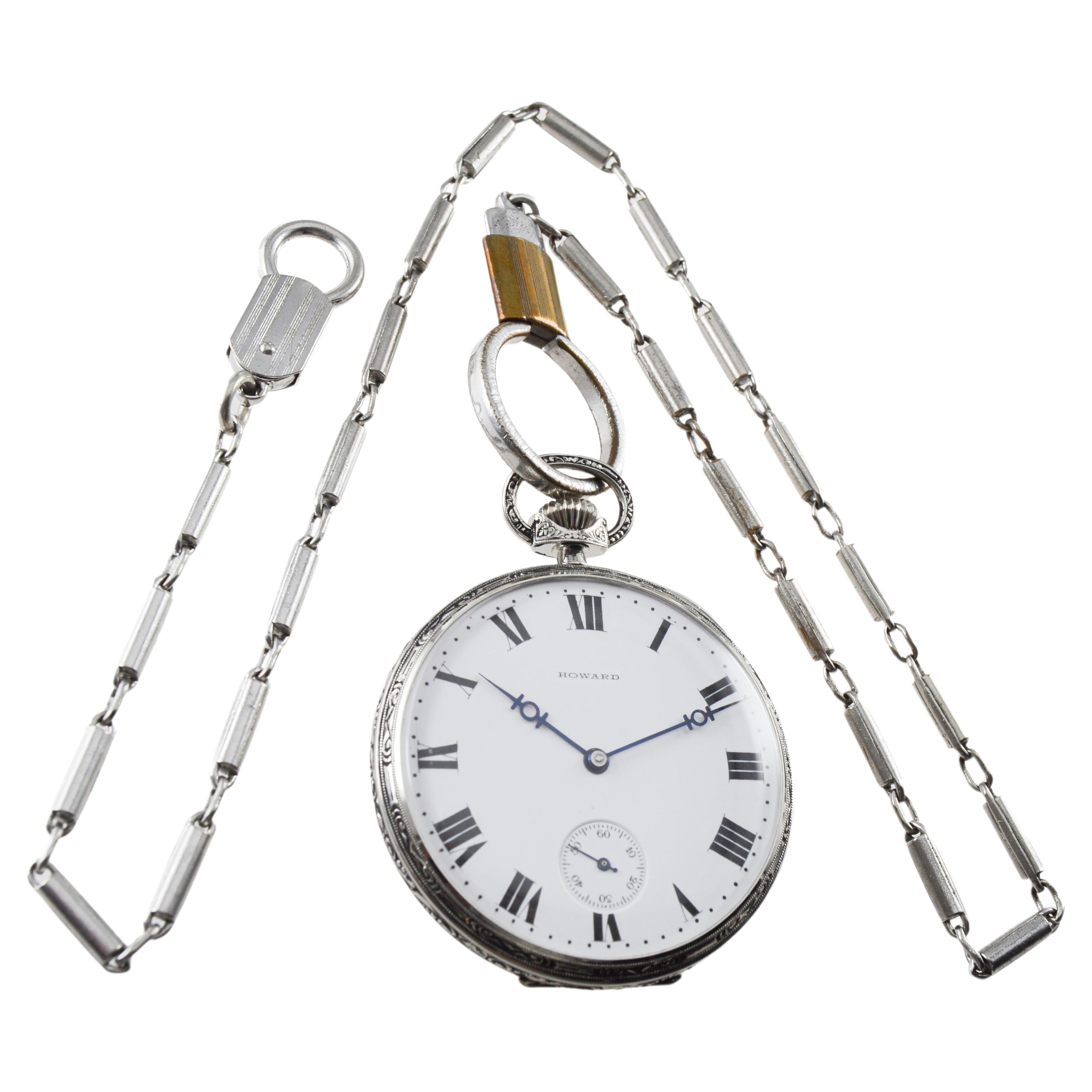Howard Art-Déco-Taschenuhr aus 14-karätigem Weißgold von 1921 mit Originalverpackung und -papieren im Angebot