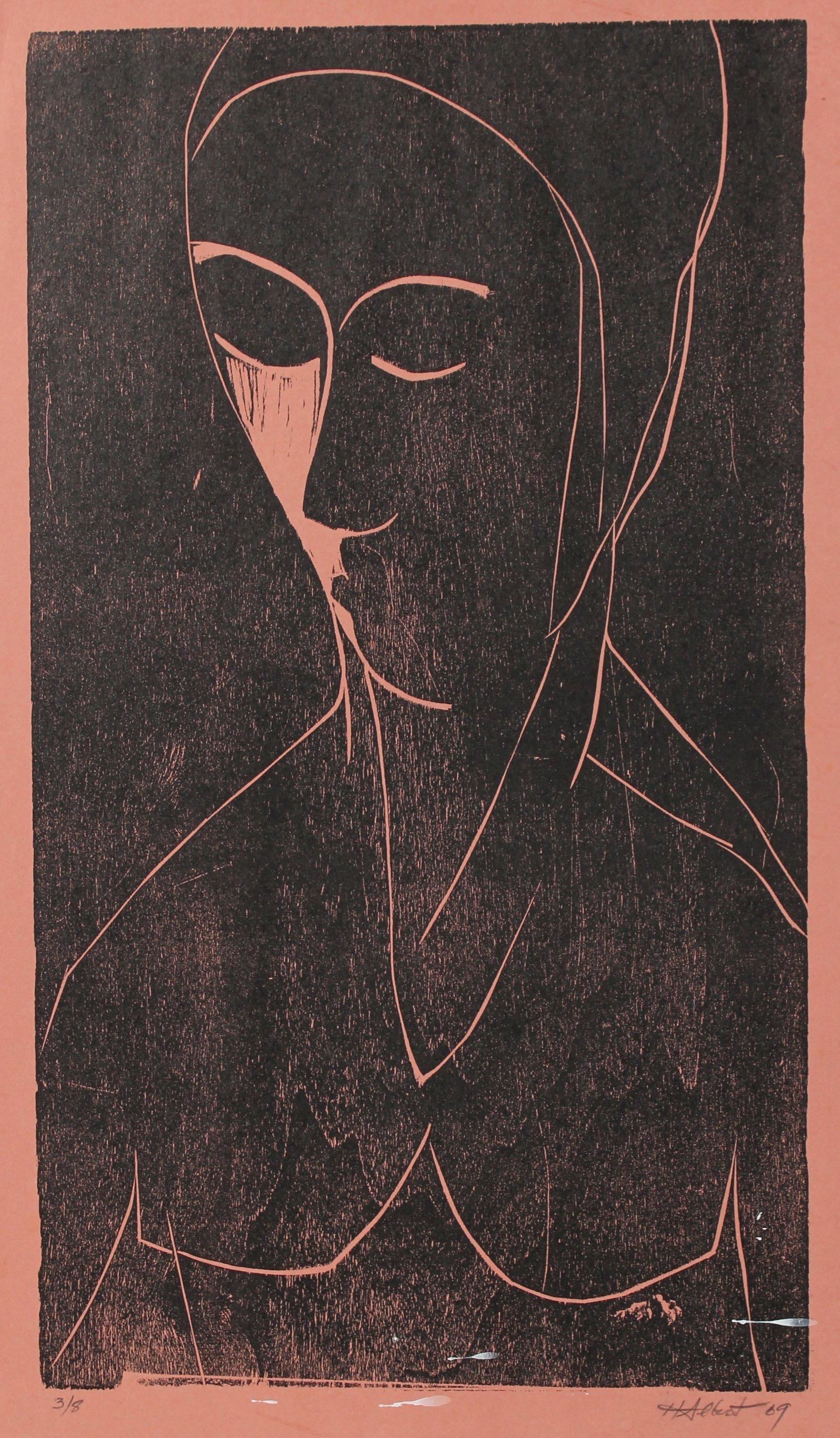 Abstracted Figure in Pink 1969 Woodcut