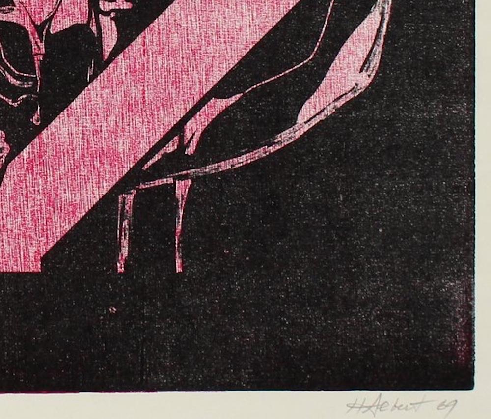 Figurative Woodcut in Pink & Black 1969 - Print by Howard Albert
