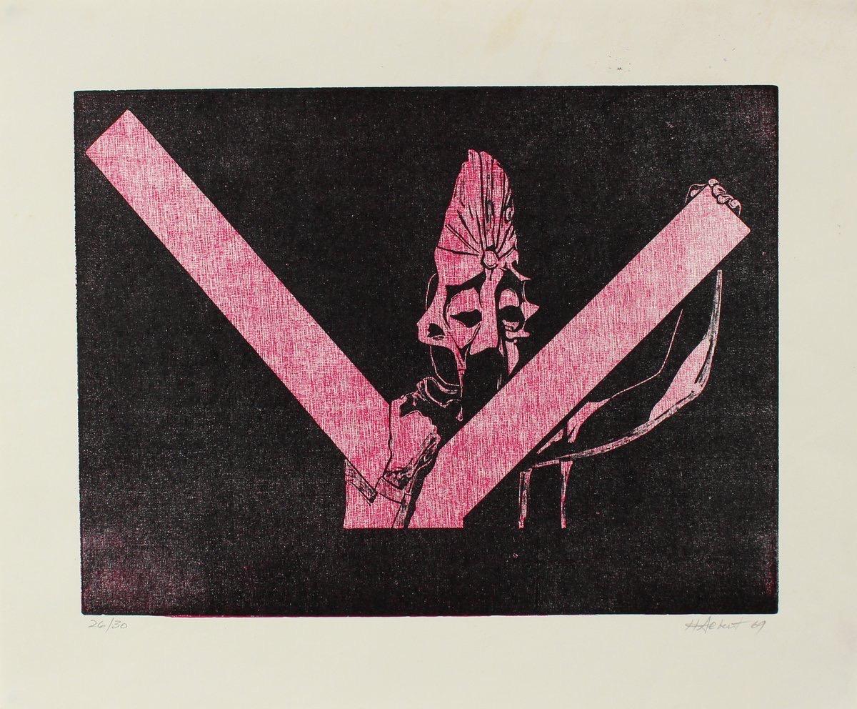 Figurative Woodcut in Pink & Black 1969 - Modern Print by Howard Albert