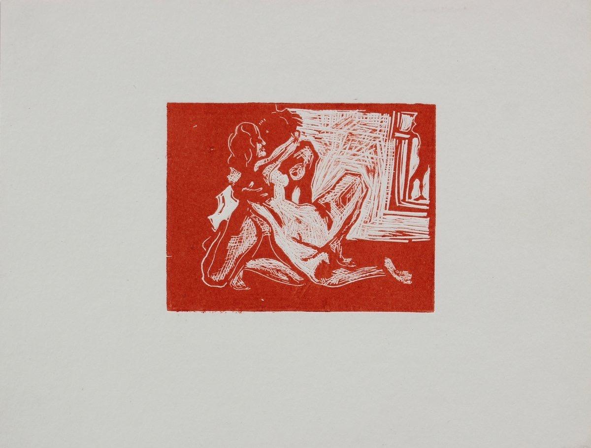 Nudes in Embrace Woodcut in Red 1960-70s - Print by Howard Albert