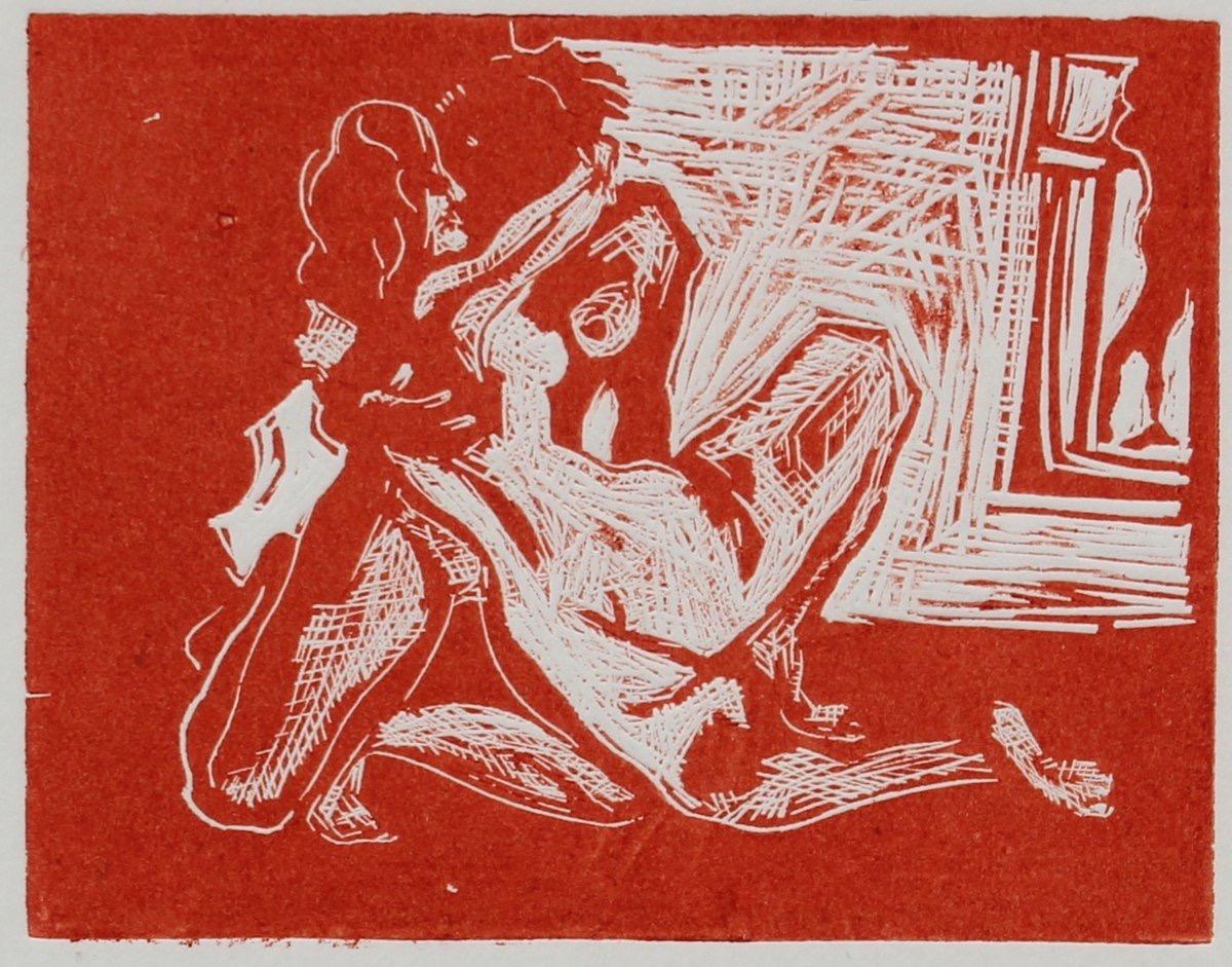 Nudes in Embrace Woodcut in Red 1960-70s