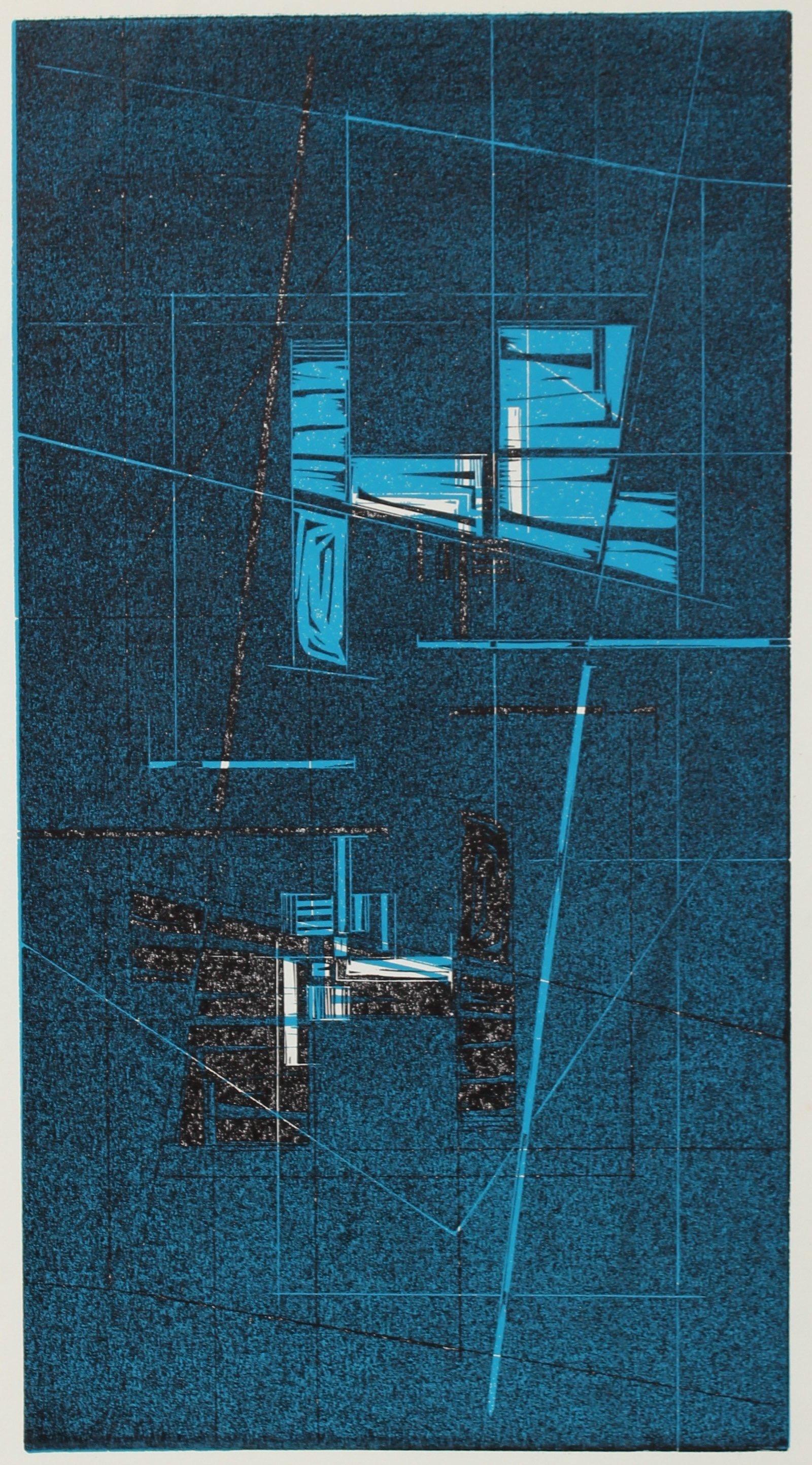 Howard Albert Abstract Print -  Shades of Blue Geometric Woodcut Abstract 1965