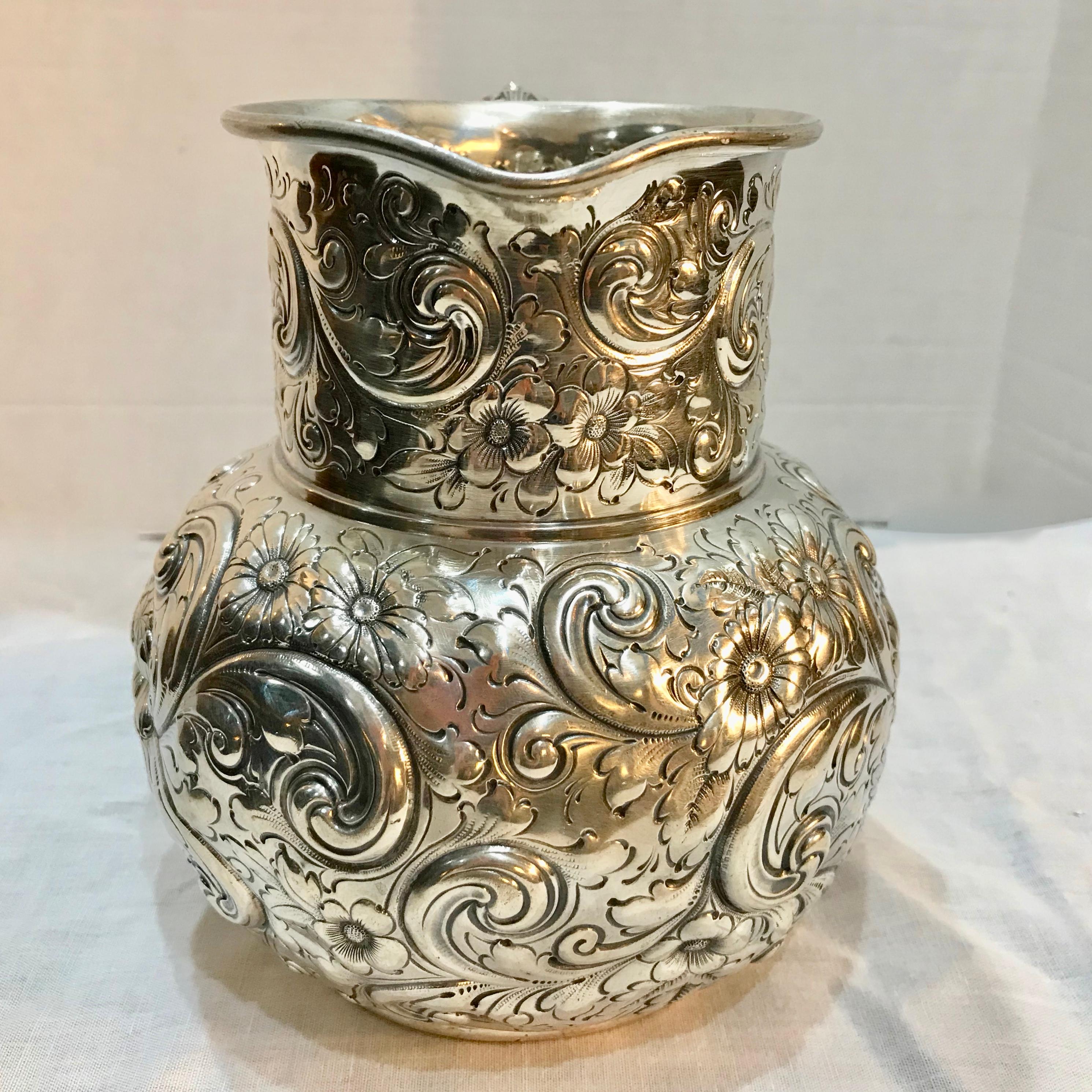 Repoussé Howard and Co, New York, 1890s Sterling Silver Repousse Pitcher