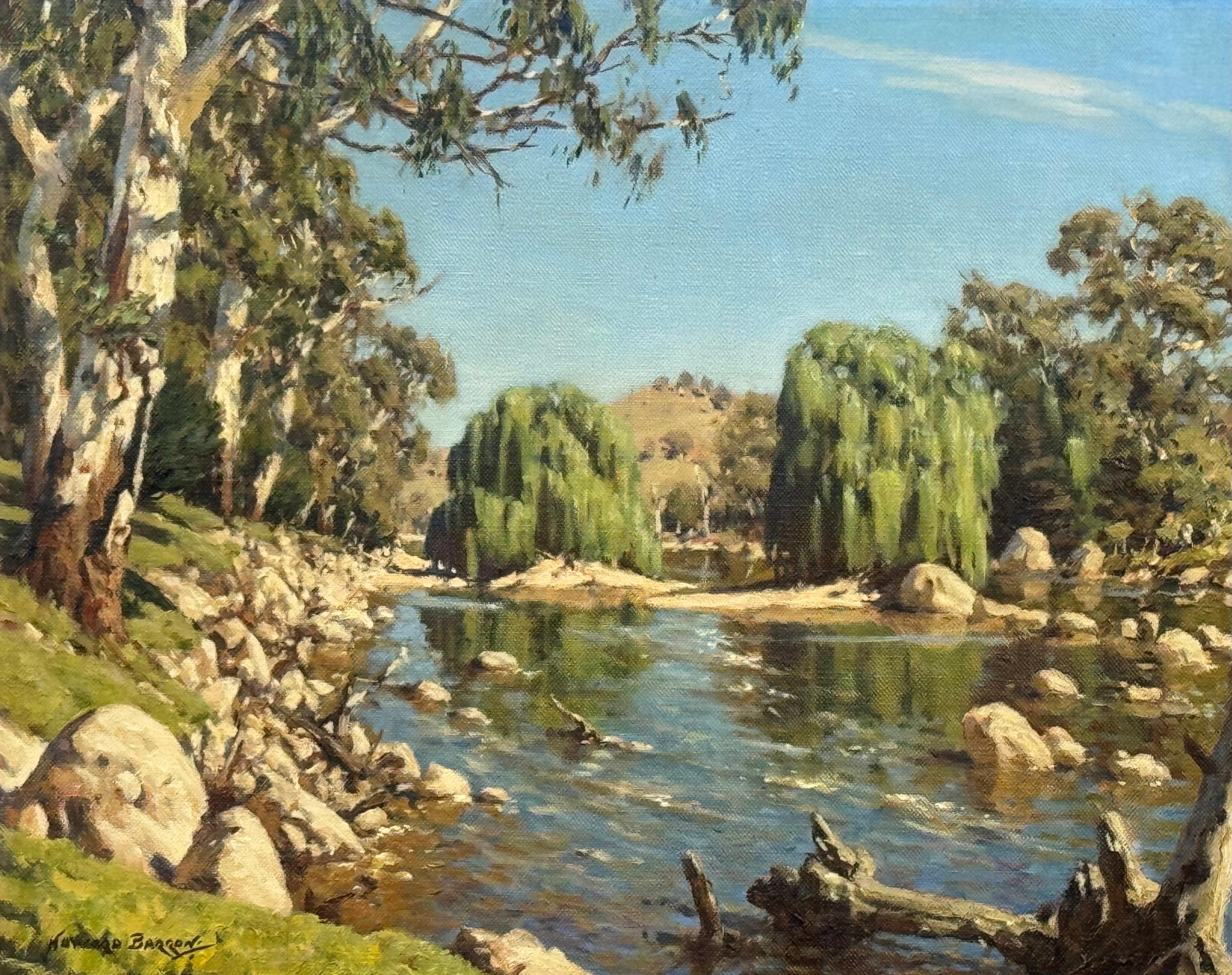 Paisaje fluvial australiano pintado por un artista inglés australiano del siglo XX en venta 1