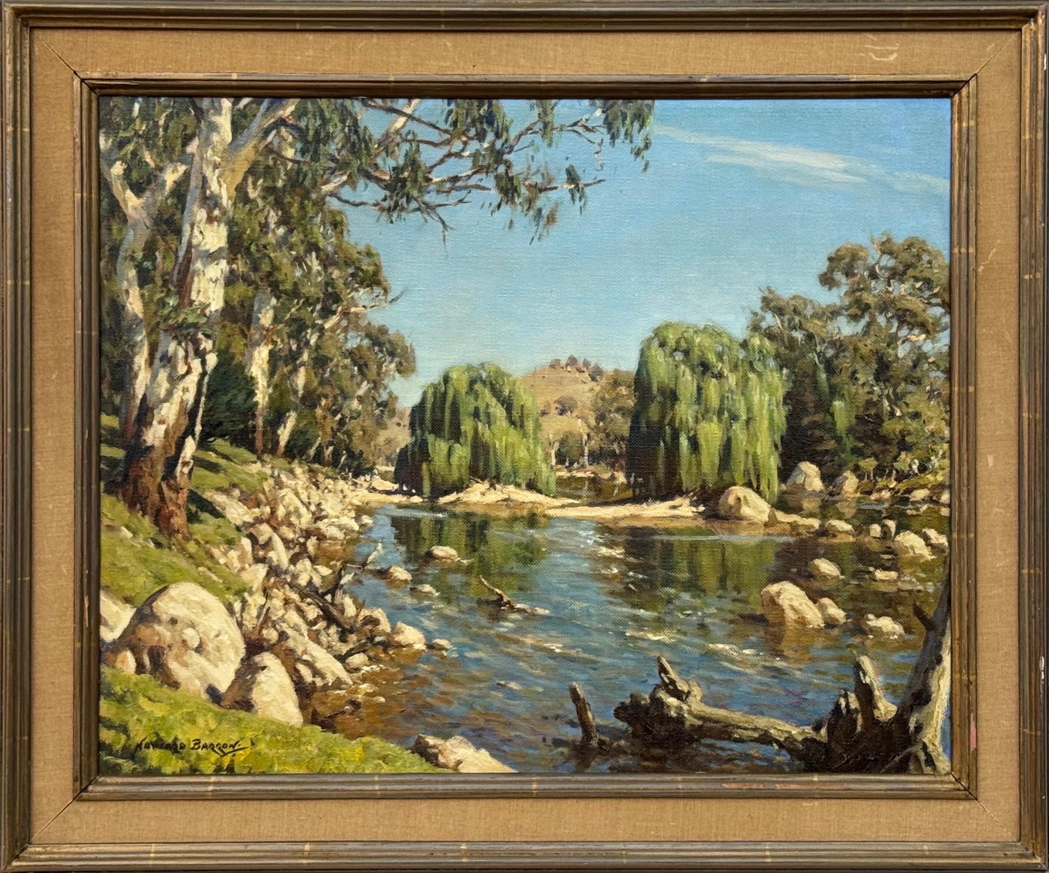Paisaje fluvial australiano pintado por un artista inglés australiano del siglo XX