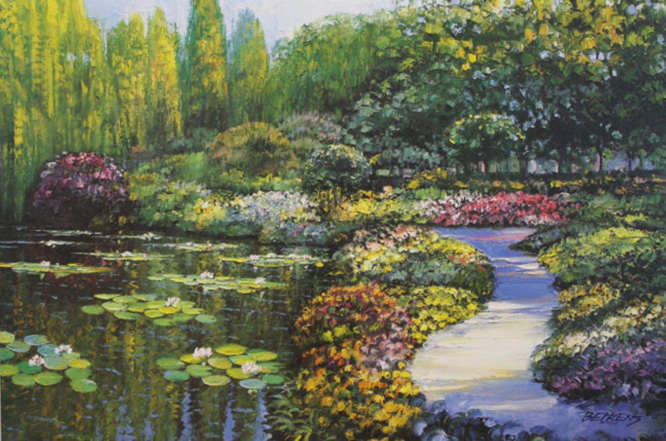 Howard Behrens Landscape Print - Monet's Garden-L. E. Embellished Giclee on Canvas. Signed, comes with COA