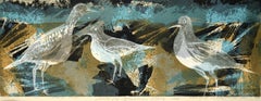 "Early Tides", Mid Century Modern Earthtone Abstract Serigraph with Three Birds