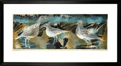 "Early Tides", Mid Century Modern Earthtone Abstract Serigraph with Three Birds 